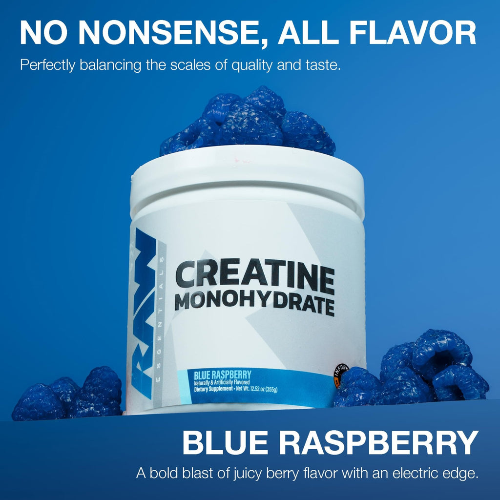 RAW Nutrition Creatine Monohydrate Powder, Blue Raspberry (30 Servings) - Micronized Creatine Monohydrate Supplement for Workout Performance, Build Muscle & Strength - FENGGESTORE20