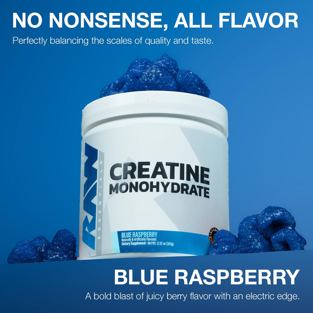 RAW Nutrition Creatine Monohydrate Powder, Blue Raspberry (30 Servings) - Micronized Creatine Monohydrate Supplement for Workout Performance, Build Muscle & Strength - FENGGESTORE20