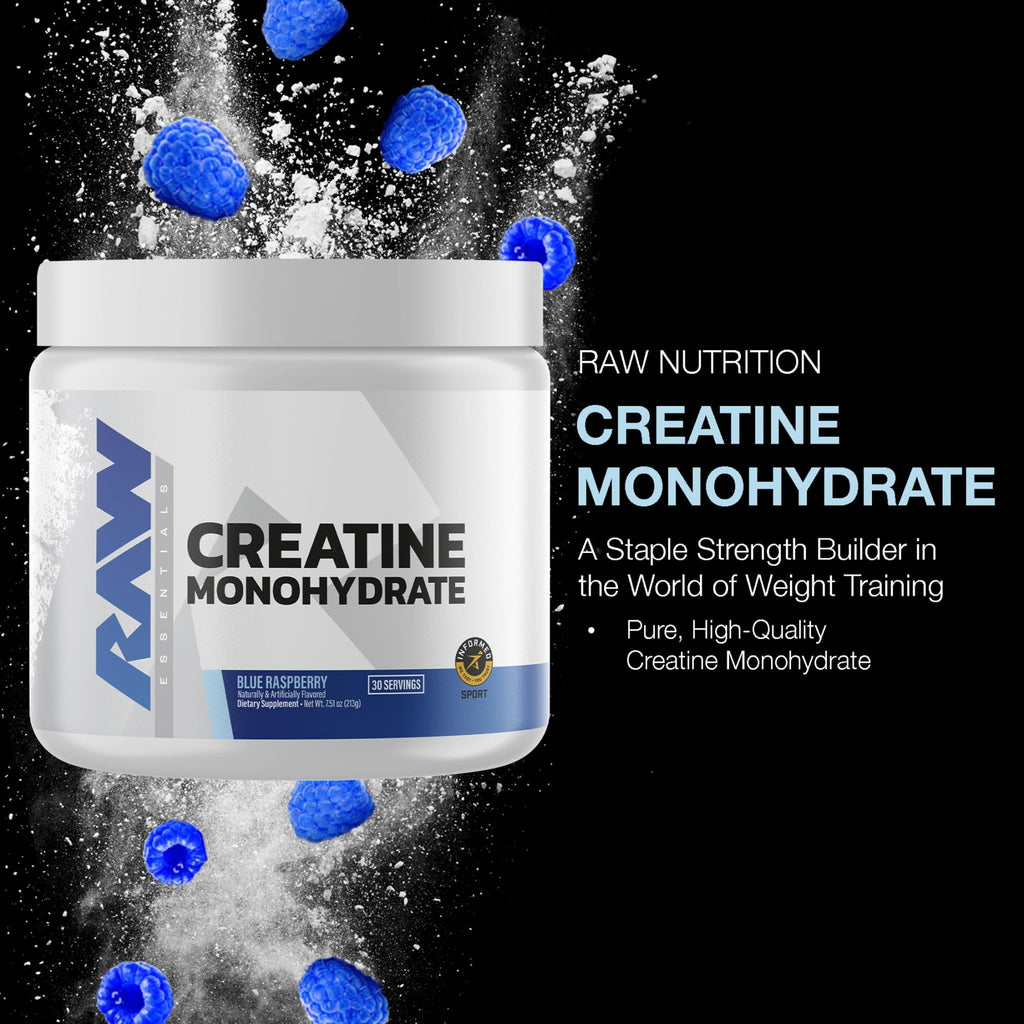 RAW Nutrition Creatine Monohydrate Powder, Blue Raspberry (30 Servings) - Micronized Creatine Monohydrate Supplement for Workout Performance, Build Muscle & Strength - FENGGESTORE20