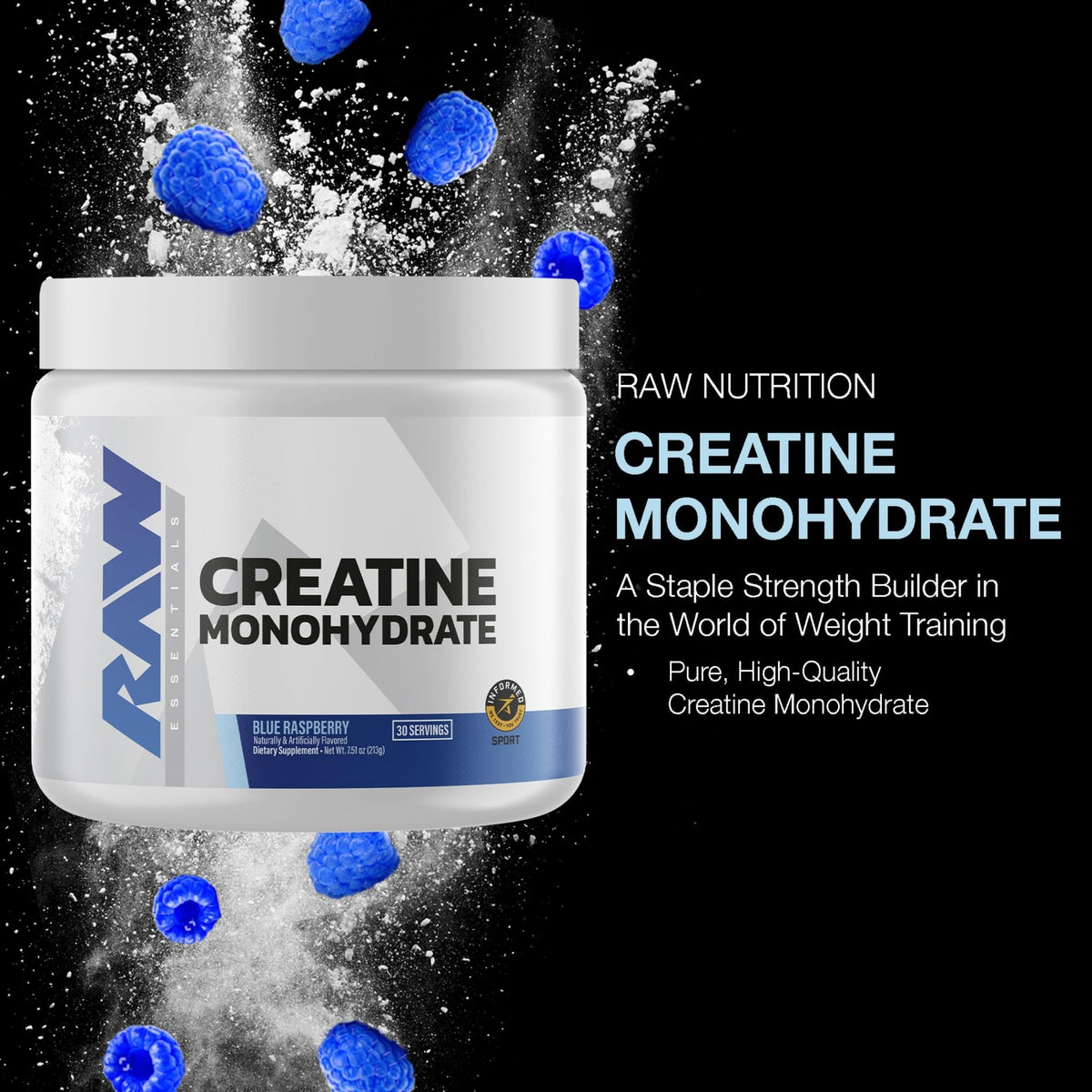 RAW Nutrition Creatine Monohydrate Powder, Blue Raspberry (30 Servings) - Micronized Creatine Monohydrate Supplement for Workout Performance, Build Muscle & Strength - FENGGESTORE20