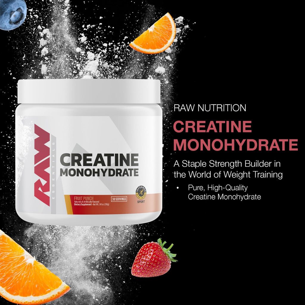 RAW Nutrition Creatine Monohydrate Powder, Fruit Punch (30 Servings) - Micronized Creatine Monohydrate Supplement for Workout Performance, Build Muscle & Strength - FENGGESTORE20