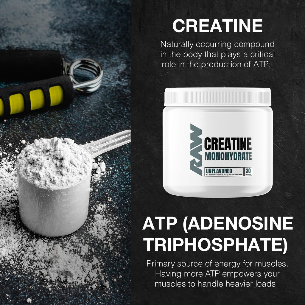 RAW Nutrition Creatine Monohydrate Powder, Unflavored (30 Servings) - Micronized Creatine Monohydrate Supplement for Workout Performance, Build Muscle & Strength - FENGGESTORE20
