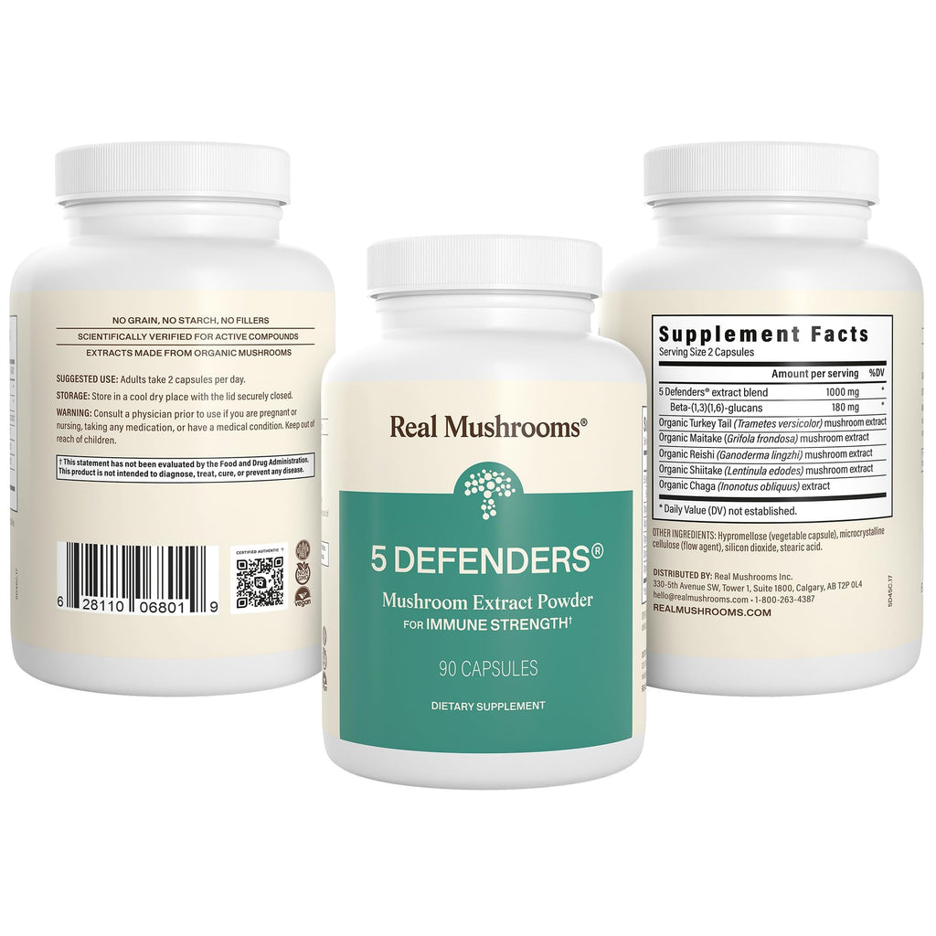Real Mushrooms 5 Defenders - Adaptogenic Mushrooms Complex with Chaga, Reishi, Turkey Tail, Maitake & Shiitake for Wellness Support - FENGGESTORE20