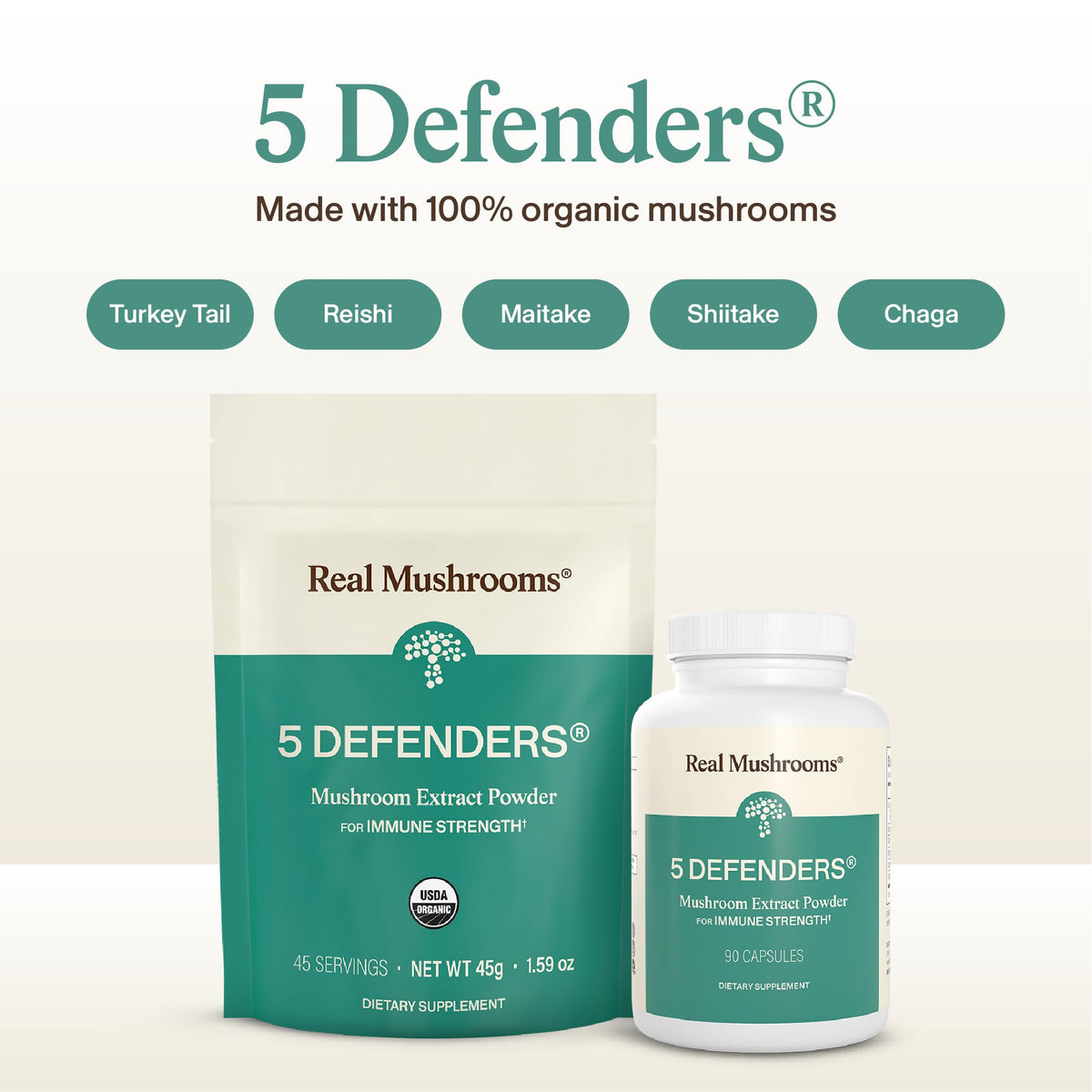 Real Mushrooms 5 Defenders - Adaptogenic Mushrooms Complex with Chaga, Reishi, Turkey Tail, Maitake & Shiitake for Wellness Support - FENGGESTORE20
