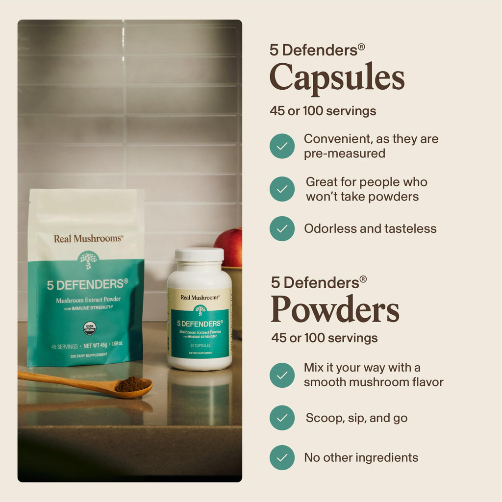 Real Mushrooms 5 Defenders - Adaptogenic Mushrooms Complex with Chaga, Reishi, Turkey Tail, Maitake & Shiitake for Wellness Support - FENGGESTORE20