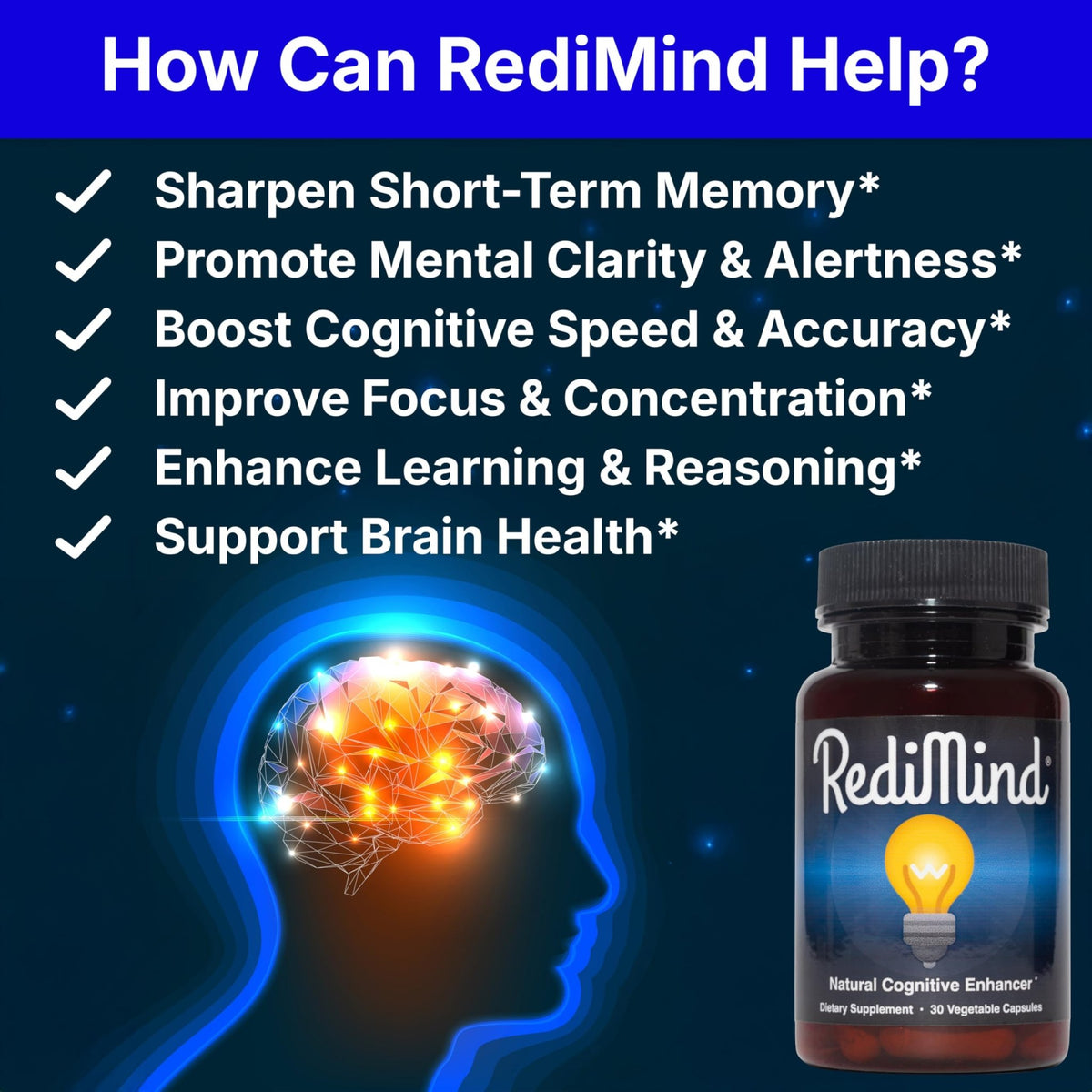RediMind - Natural Cognitive Enhancement Supplement Capsule - Non-GMO, Vegan, Gluten-Free - FENGGESTORE20