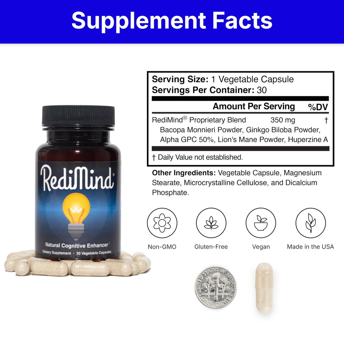 RediMind - Natural Cognitive Enhancement Supplement Capsule - Non-GMO, Vegan, Gluten-Free - FENGGESTORE20
