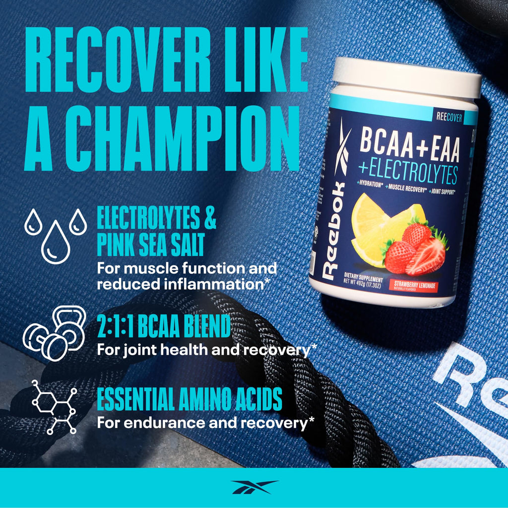 Reebok REEcover Amino Acids + Electrolytes | 8g EAAs, 5g BCAAs, Hydration Matrix | Muscle Recovery, Strength | Post-Workout Support - FENGGESTORE20