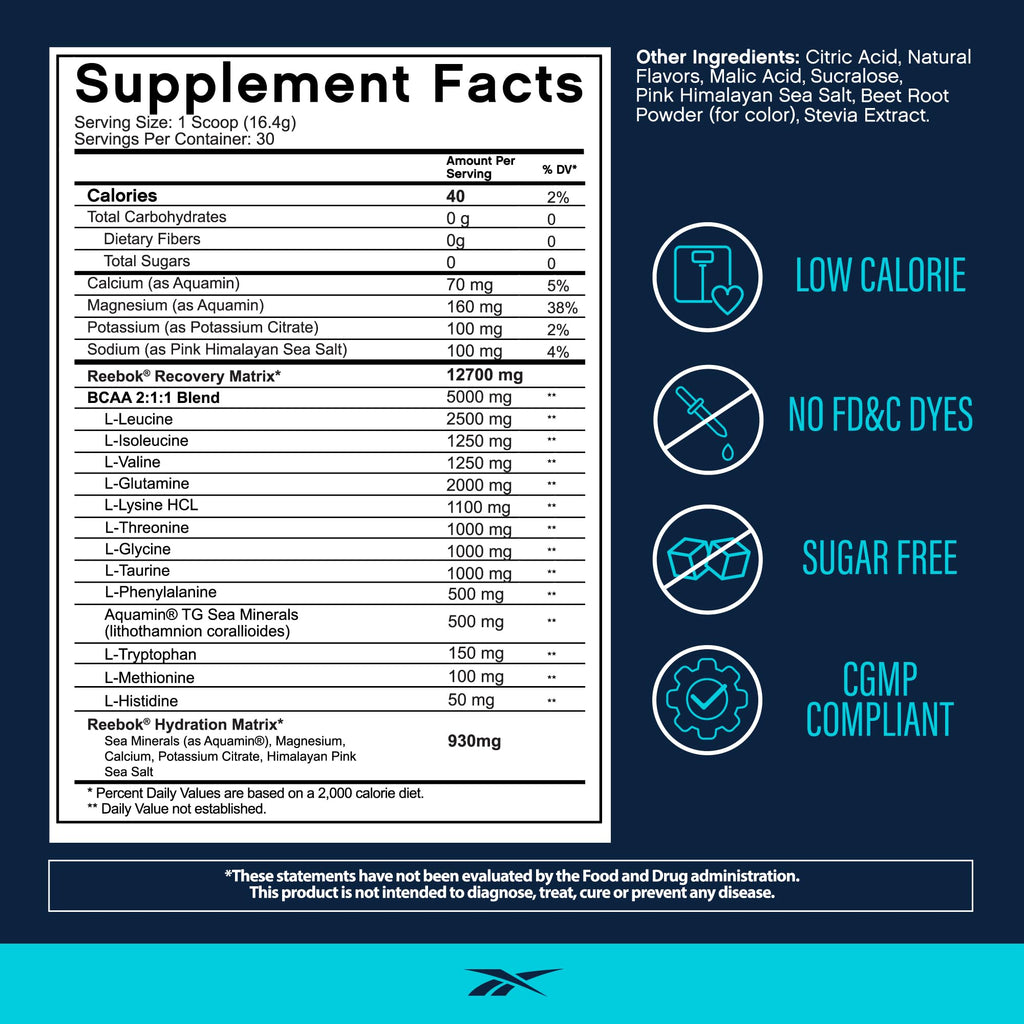 Reebok REEcover Amino Acids + Electrolytes | 8g EAAs, 5g BCAAs, Hydration Matrix | Muscle Recovery, Strength | Post-Workout Support - FENGGESTORE20