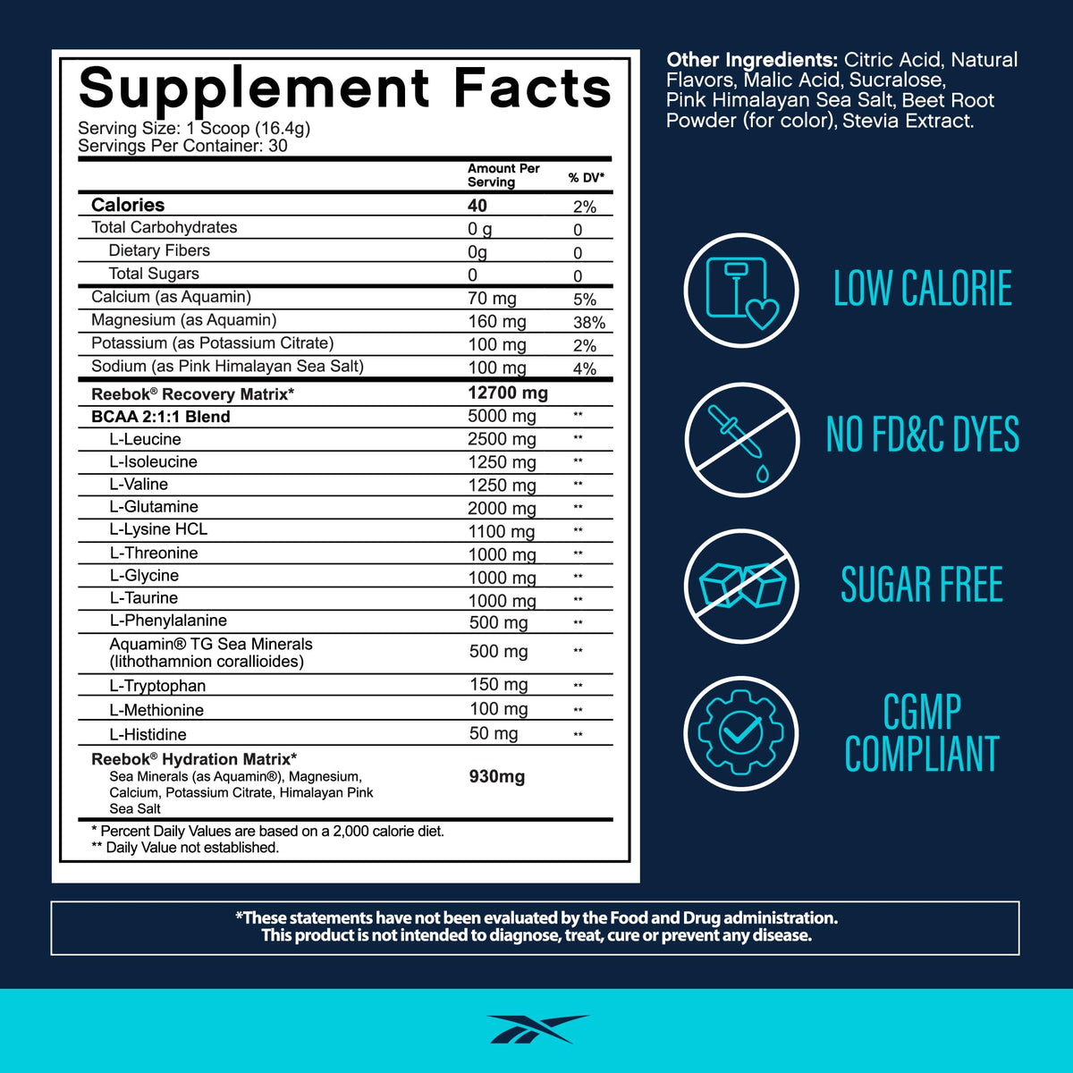 Reebok REEcover Amino Acids + Electrolytes | 8g EAAs, 5g BCAAs, Hydration Matrix | Muscle Recovery, Strength | Post-Workout Support - FENGGESTORE20