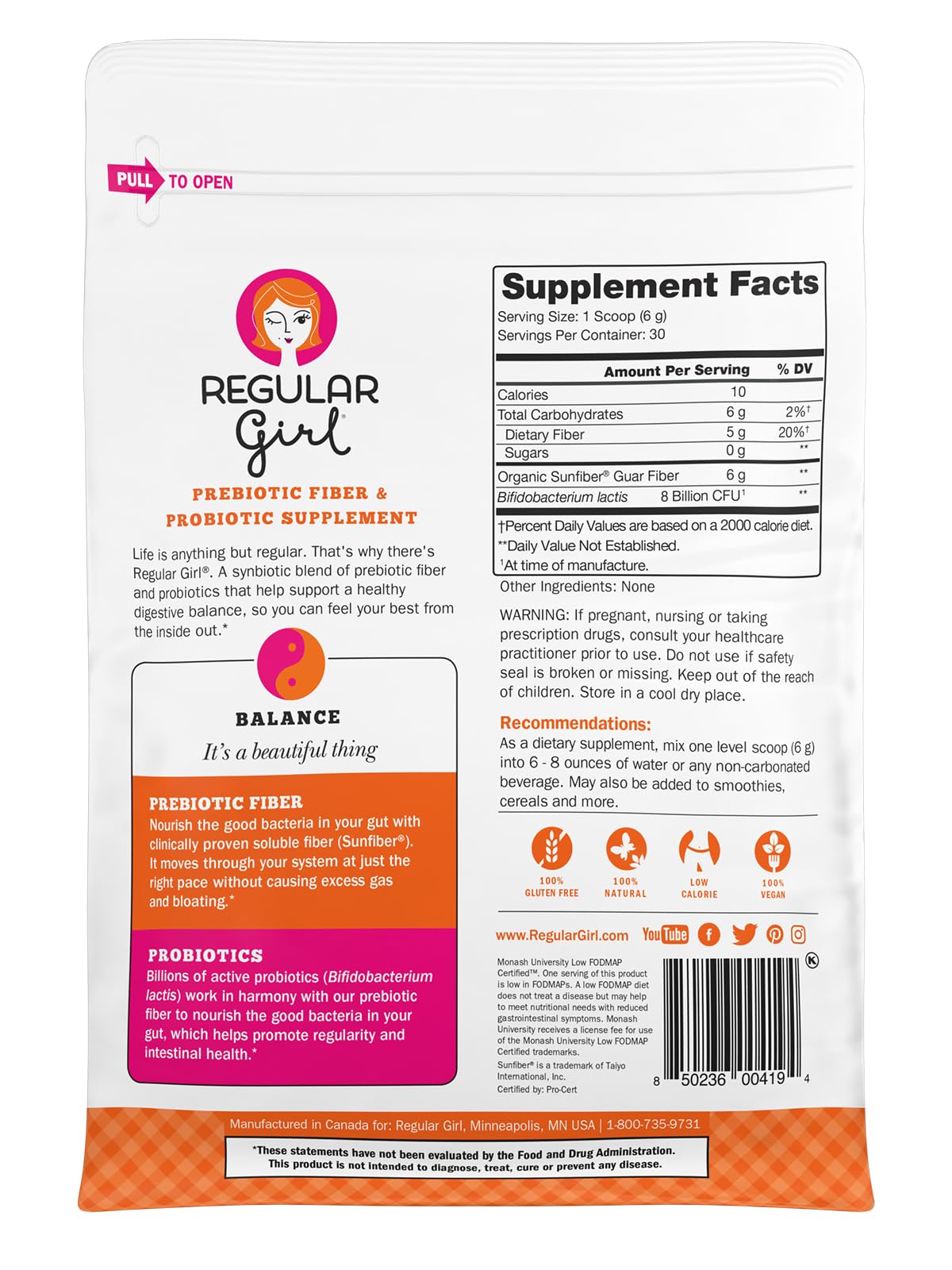 Regular Girl Organic Powder, Prebiotic Fiber Supplement and Probiotics for Women, Low FODMAP, 30 Servings, Unflavored - FENGGESTORE20