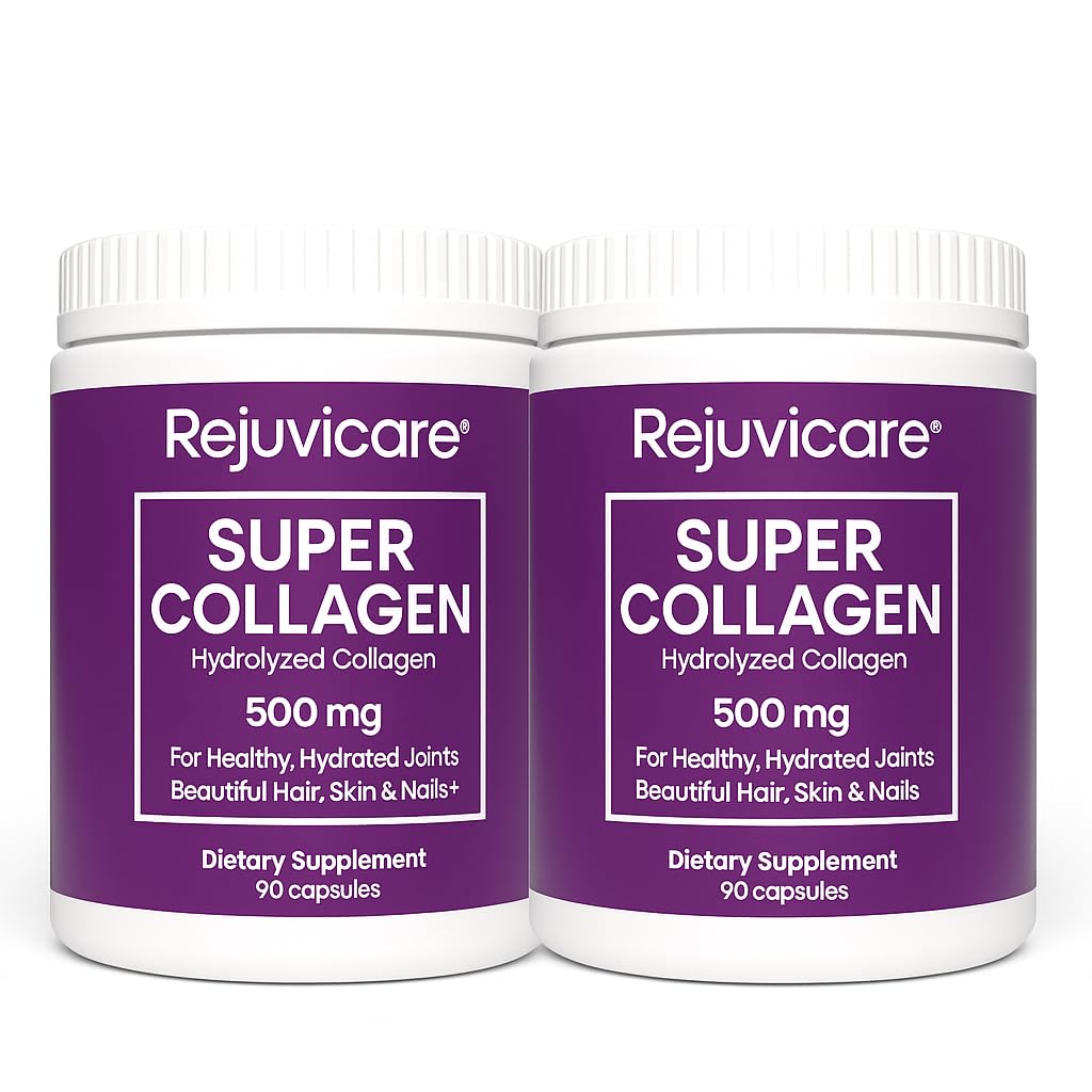 Rejuvicare Super Collagen 500 mg, Hydrolyzed Collagen Peptides for Hair, Skin & Nails, Beauty & Wellness Supplement, Supports Healthy Hydration & Elasticity, 180 Capsules, 2 Pack Value - FENGGESTORE20