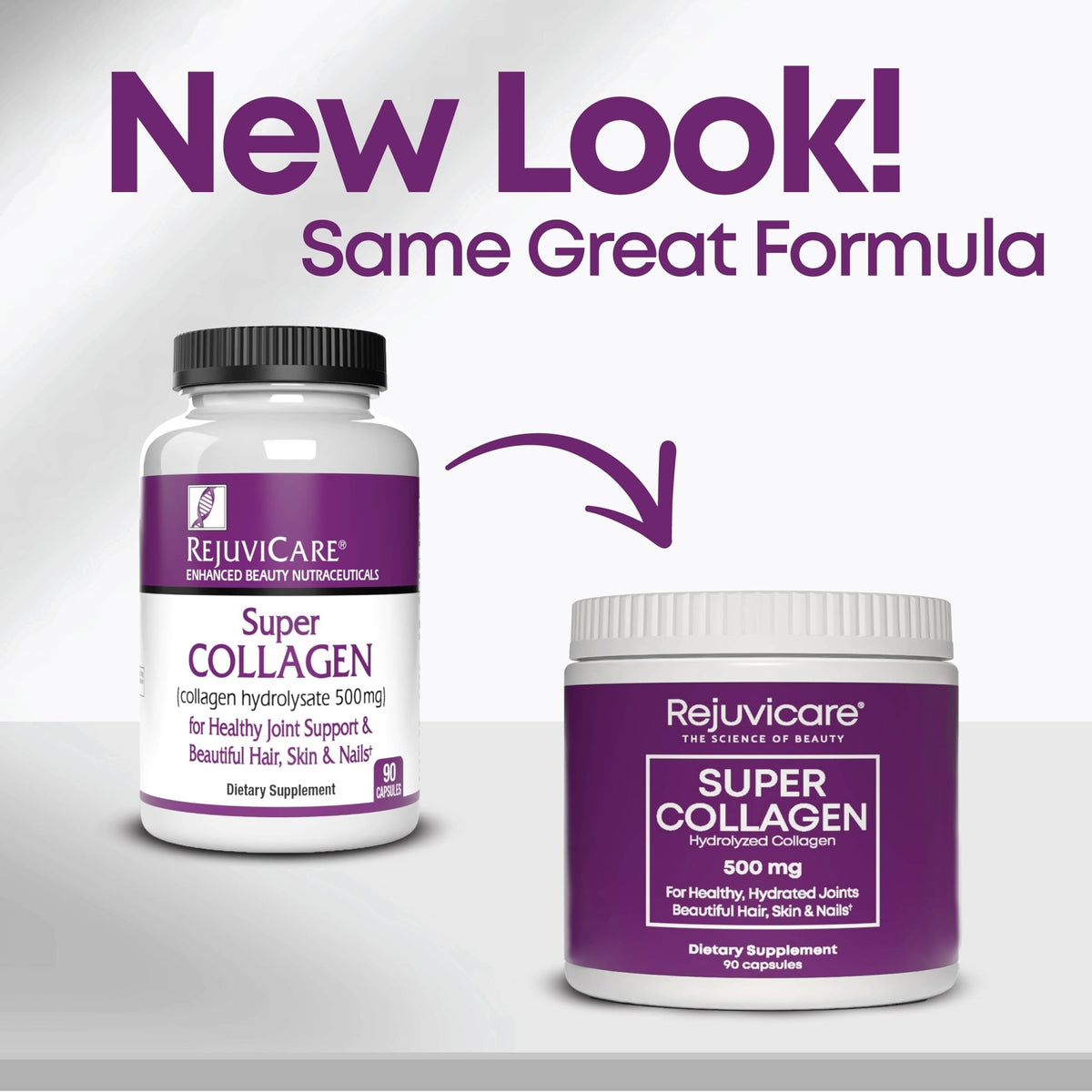 Rejuvicare Super Collagen 500 mg, Hydrolyzed Collagen Peptides for Hair, Skin & Nails, Beauty & Wellness Supplement, Supports Healthy Hydration & Elasticity, 180 Capsules, 2 Pack Value - FENGGESTORE20