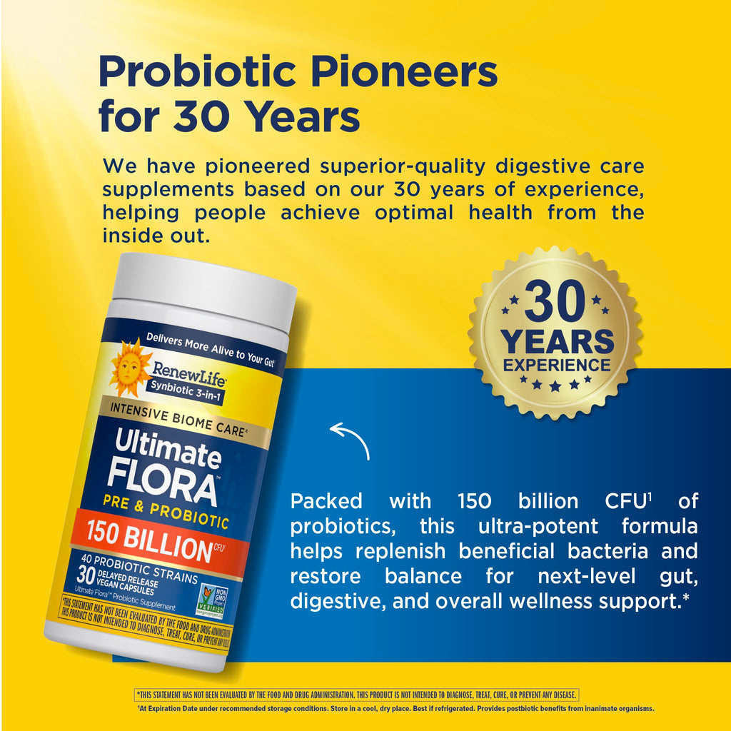 Renew Life Ultimate Flora Adult Ultimate Care Probiotic, 150 Billion, 30 Caps (Package May Vary) - FENGGESTORE20