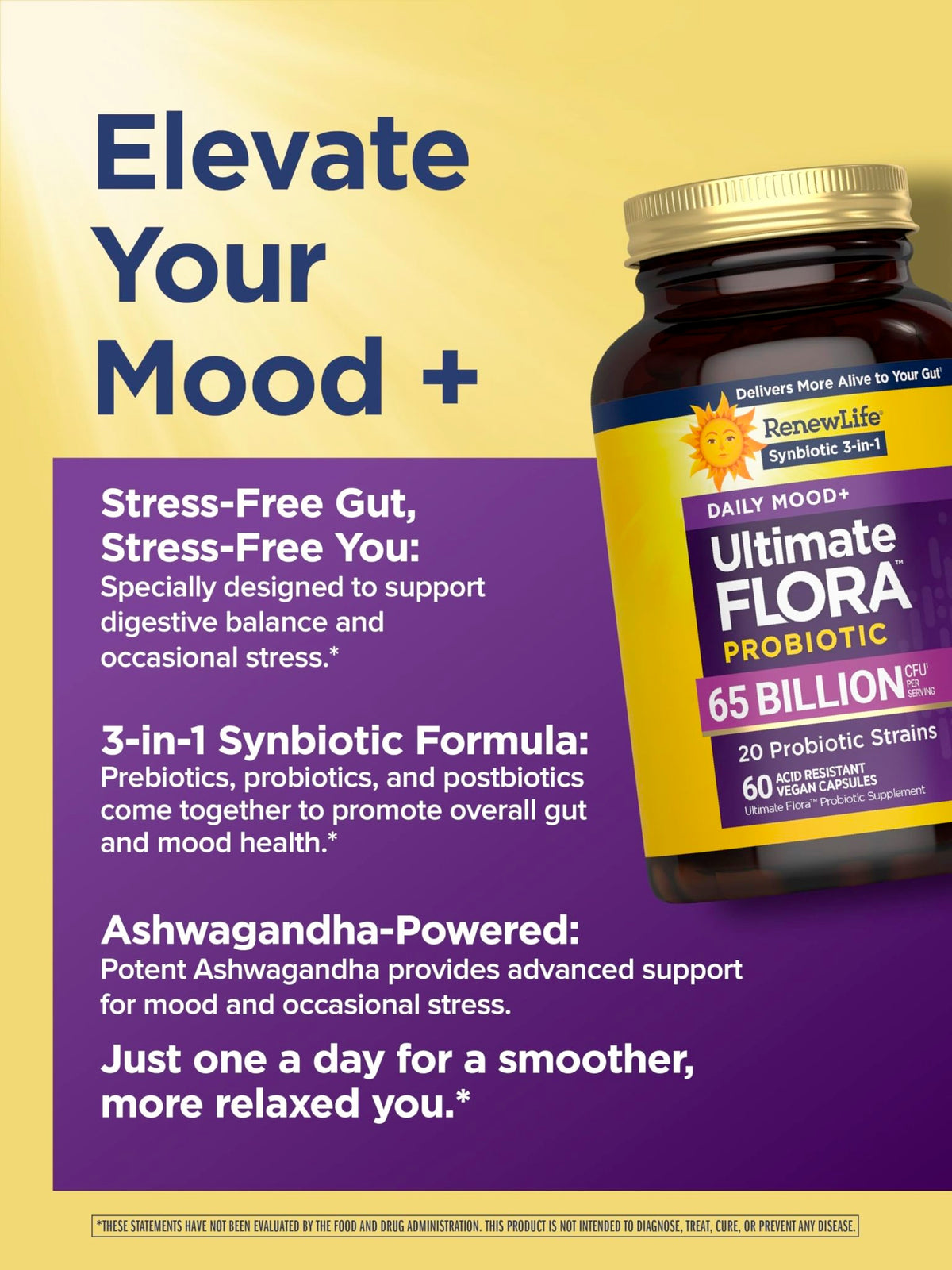 Renew Life Ultimate Flora Probiotics Daily Mood Support 65 Billion CFU Delayed Release Vegan Capsules with Ashwagandha | Digestive Health - FENGGESTORE20