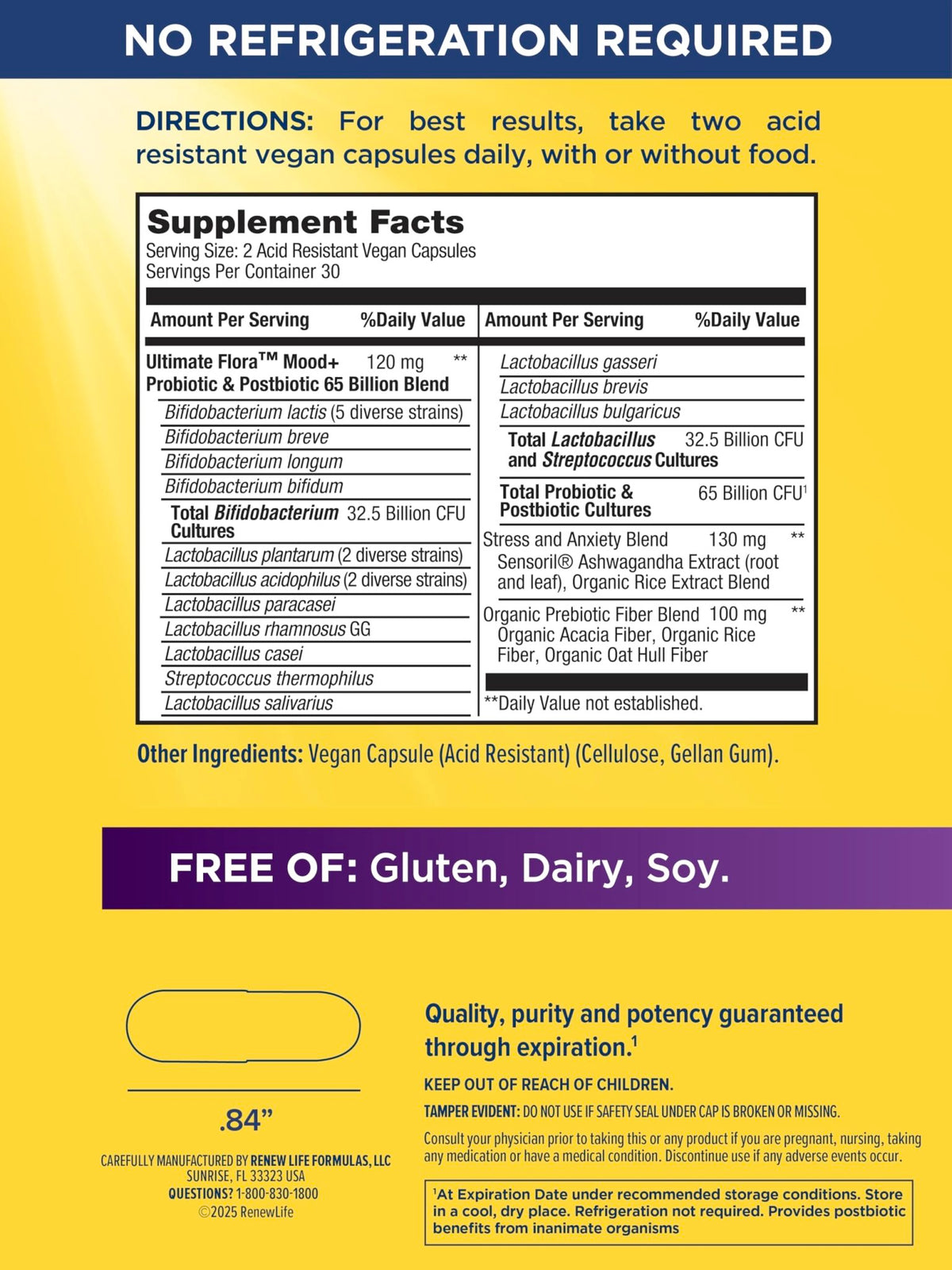 Renew Life Ultimate Flora Probiotics Daily Mood Support 65 Billion CFU Delayed Release Vegan Capsules with Ashwagandha | Digestive Health - FENGGESTORE20