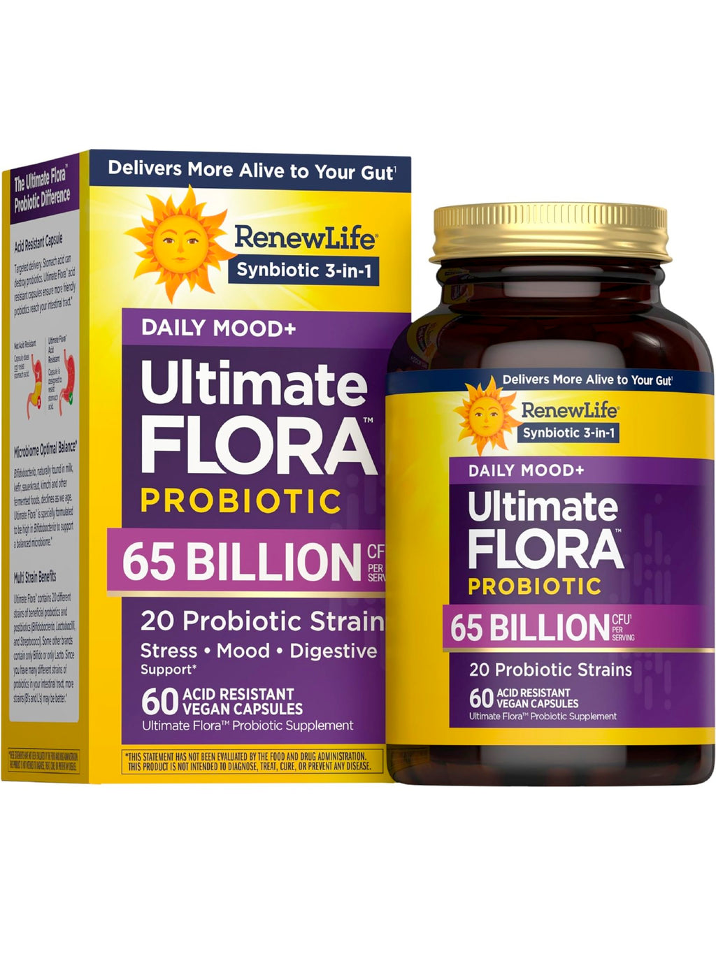 Renew Life Ultimate Flora Probiotics Daily Mood Support 65 Billion CFU Delayed Release Vegan Capsules with Ashwagandha | Digestive Health - FENGGESTORE20