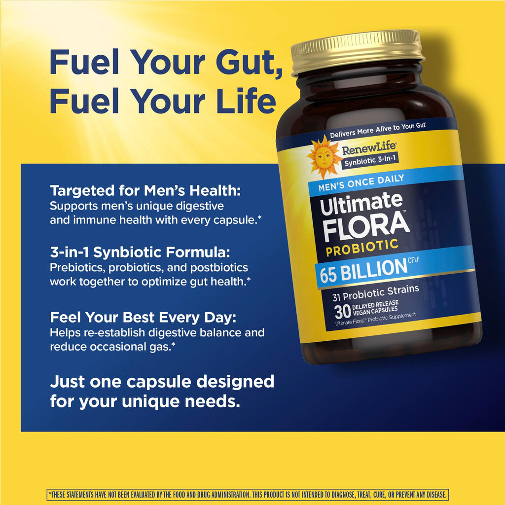 Renew Life Ultimate Flora Probiotics for Men 65 Billion CFU Delayed Release Vegan Capsules | Digestive Health | Immune Health | Dairy Free | 30 Count - FENGGESTORE20