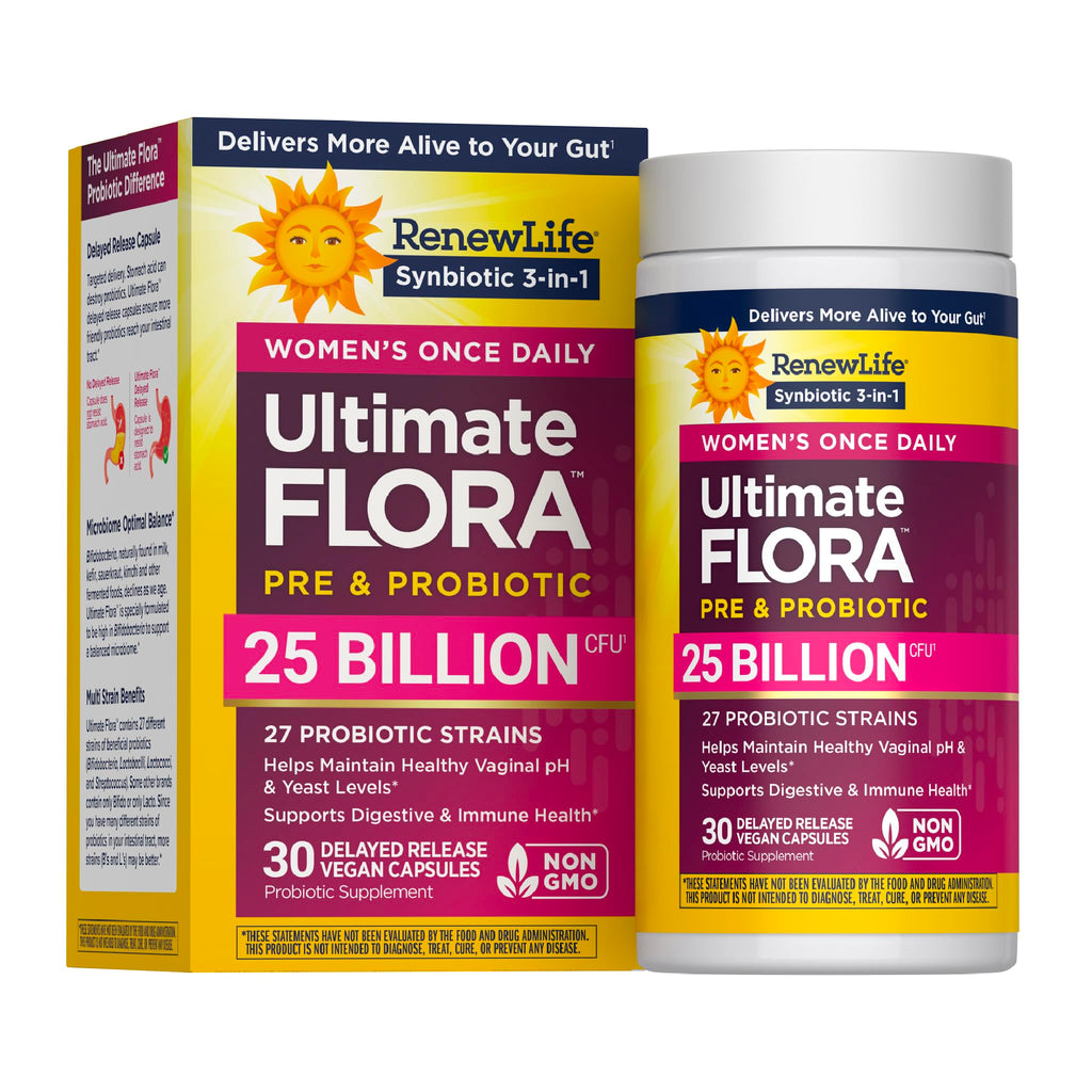 Renew Life Ultimate Flora Probiotics for Women with Prebiotics | 25 Billion CFU | 30 Delayed Release Capsules | 3 in 1 Synbiotic | Supports Digestive and Immune Health | Dairy, Soy and Gluten-Free - FENGGESTORE20