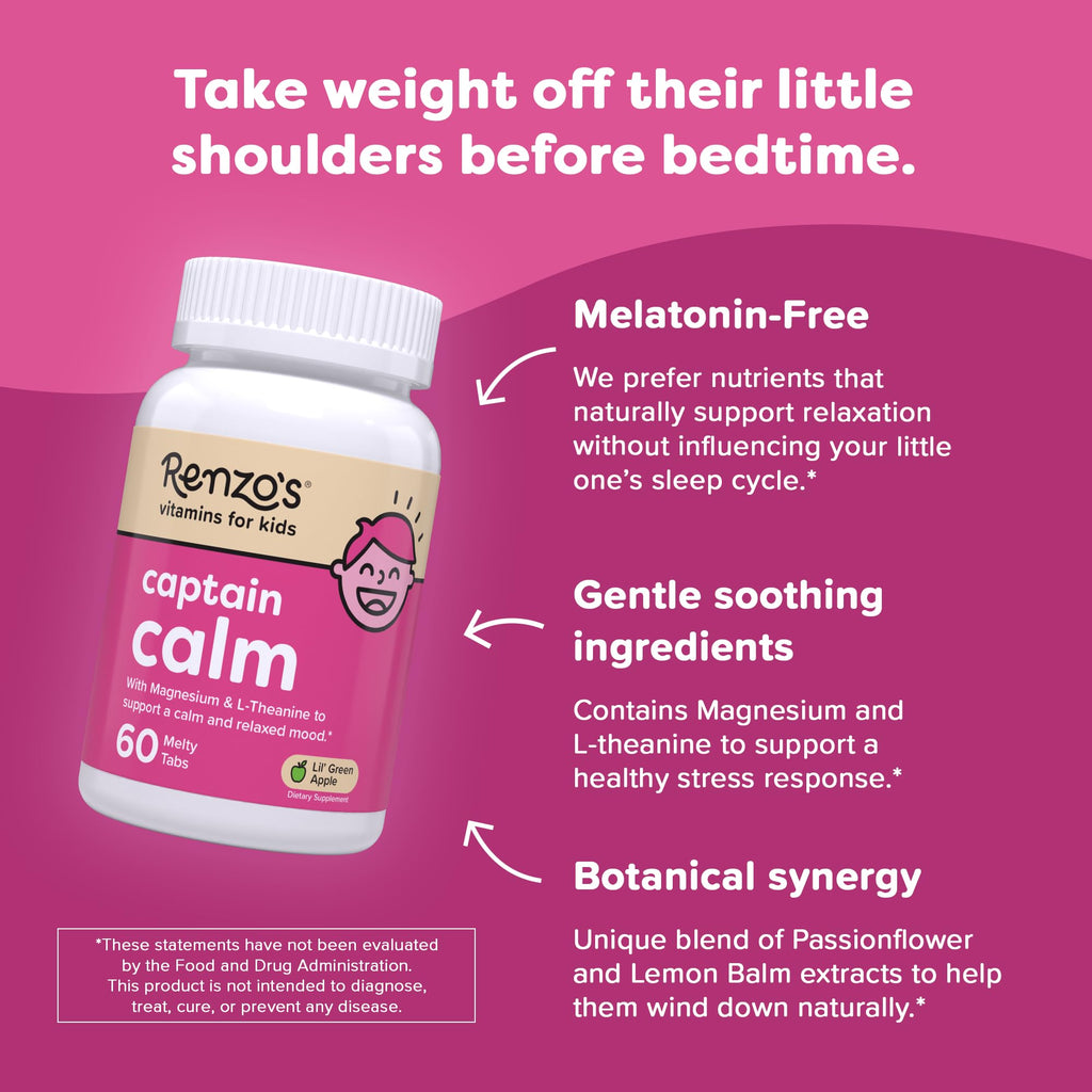 Renzo's Captain Calm Kids Magnesium Supplement with L-Theanine, Dissolvable Kids Vitamins for Relaxation and Mood Support, Sugar-Free Melty Tabs, - FENGGESTORE20
