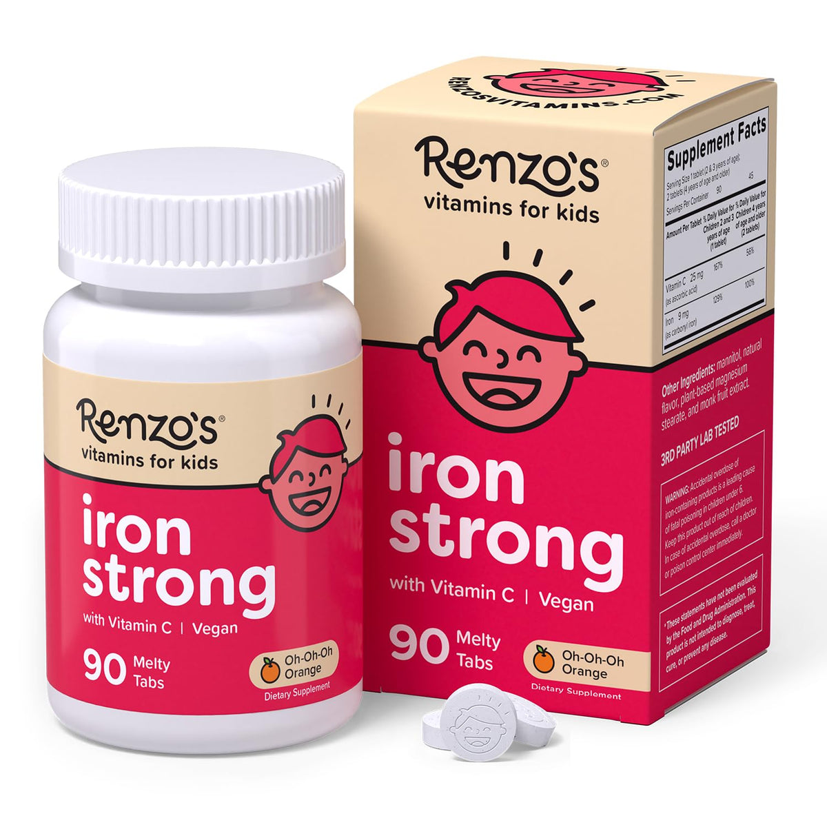 Renzo's Iron Supplements for Kids, Dissolvable Vegan Kids Iron Supplement with Vitamin C, Sugar-Free Melty Tabs - FENGGESTORE20