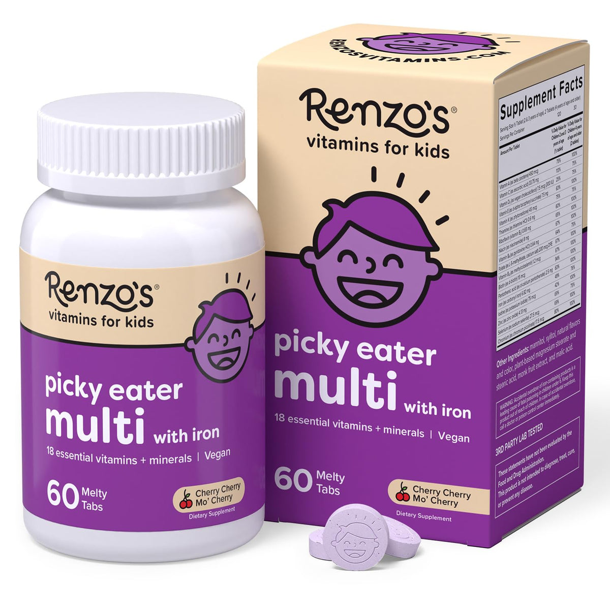 Renzo's Picky Eater Kids Multivitamin with Iron - Dissolvable Kids Vitamins with Iron, Zinc, Vitamin C, Vitamin D, E & K, Sugar-Free Melty Tabs, Cherry Flavor - FENGGESTORE20