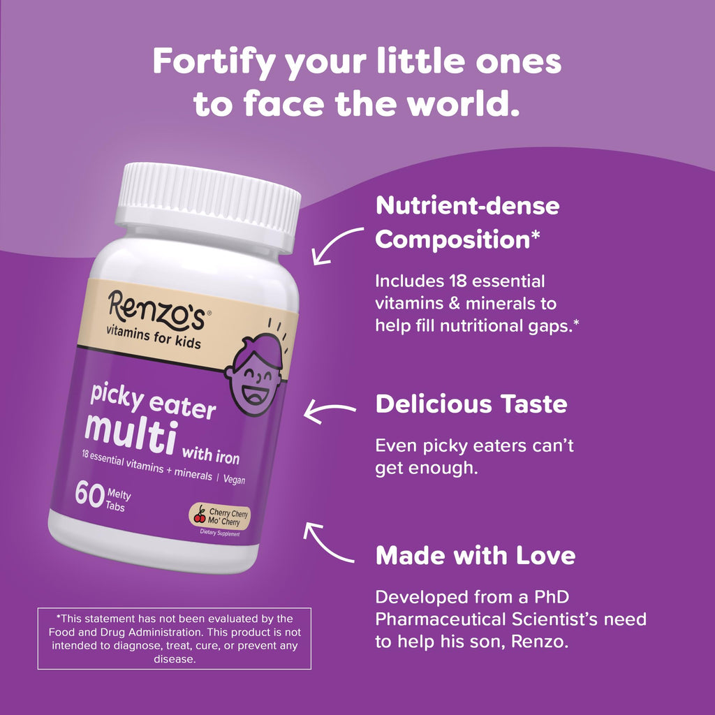 Renzo's Picky Eater Kids Multivitamin with Iron - Dissolvable Kids Vitamins with Iron, Zinc, Vitamin C, Vitamin D, E & K, Sugar-Free Melty Tabs, Cherry Flavor - FENGGESTORE20