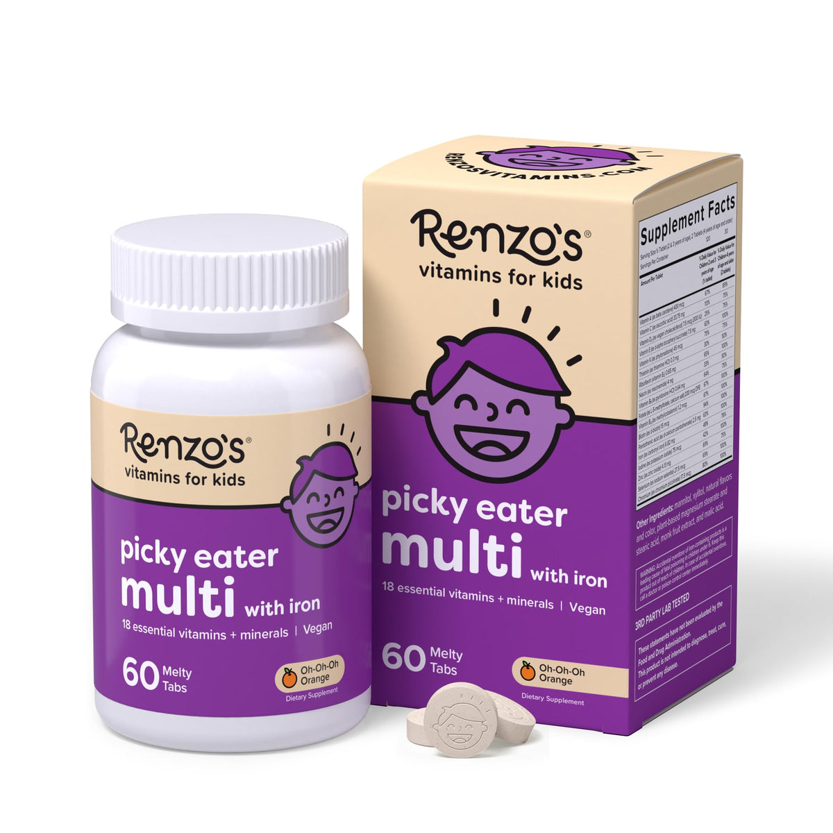 Renzo's Picky Eater Kids Multivitamin with Iron - Dissolvable Kids Vitamins with Iron, Zinc, Vitamin C, Vitamin D, E & K, Sugar-Free Melty Tabs, Orange Flavor - FENGGESTORE20