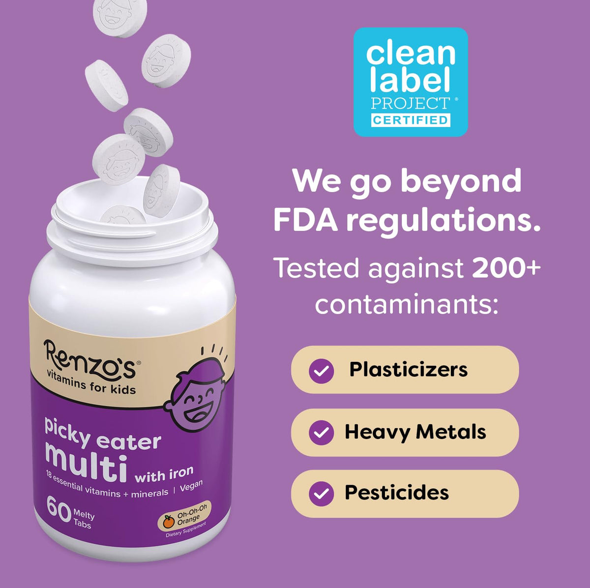 Renzo's Picky Eater Kids Multivitamin with Iron - Dissolvable Kids Vitamins with Iron, Zinc, Vitamin C, Vitamin D, E & K, Sugar-Free Melty Tabs, Orange Flavor - FENGGESTORE20