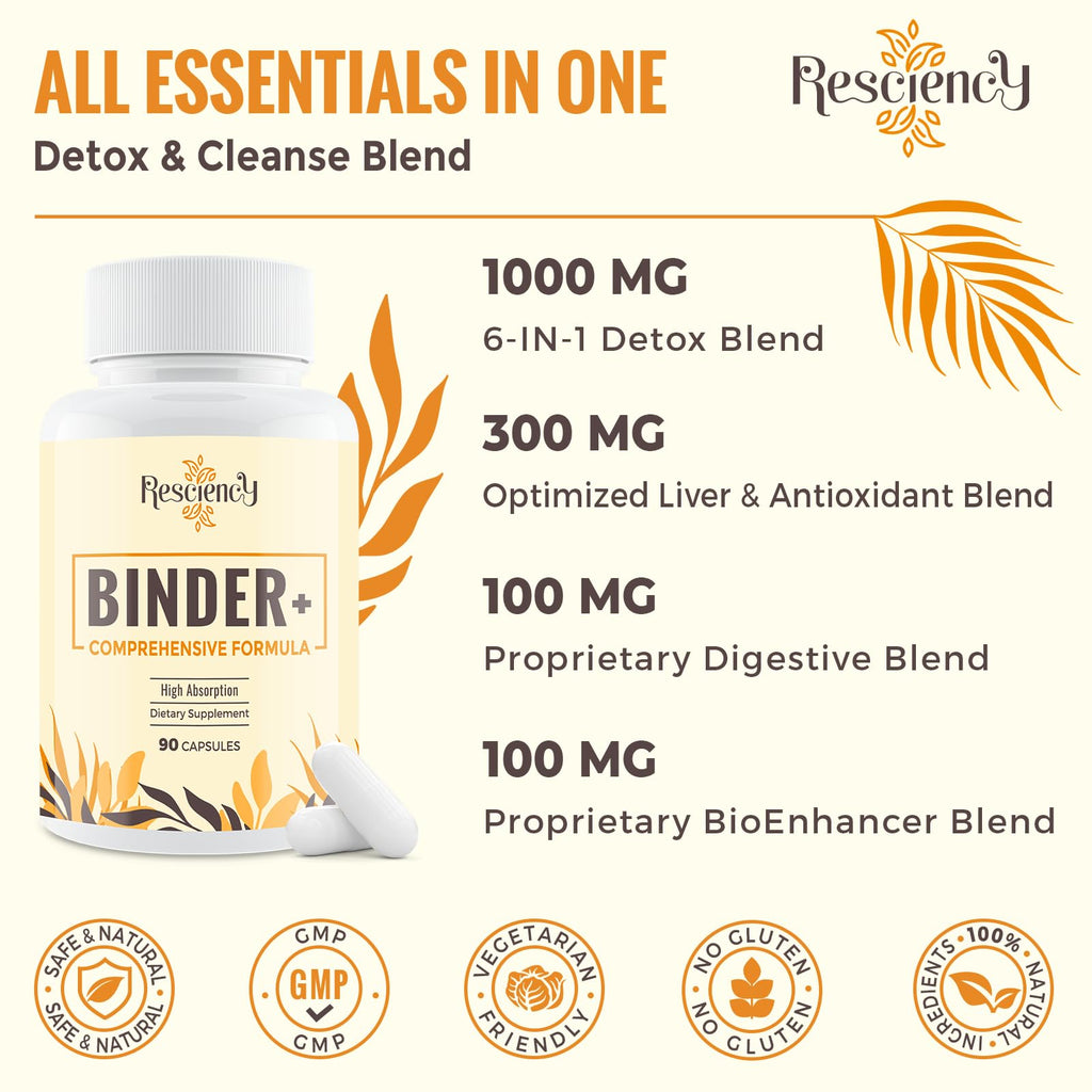 Resciency Detox Binder Supplement – Activated Charcoal, Zeolite, Bentonite Clay, Milk Thistle, Proprietary Blends - Liver & Gut, Max Absorption, 90 Vegan Capsules - FENGGESTORE20