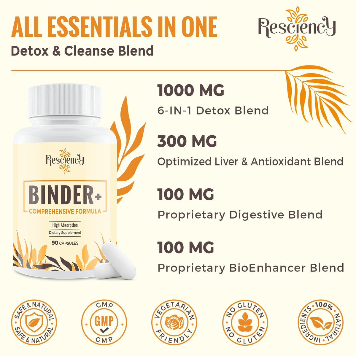 Resciency Detox Binder Supplement – Activated Charcoal, Zeolite, Bentonite Clay, Milk Thistle, Proprietary Blends - Liver & Gut, Max Absorption, 90 Vegan Capsules - FENGGESTORE20