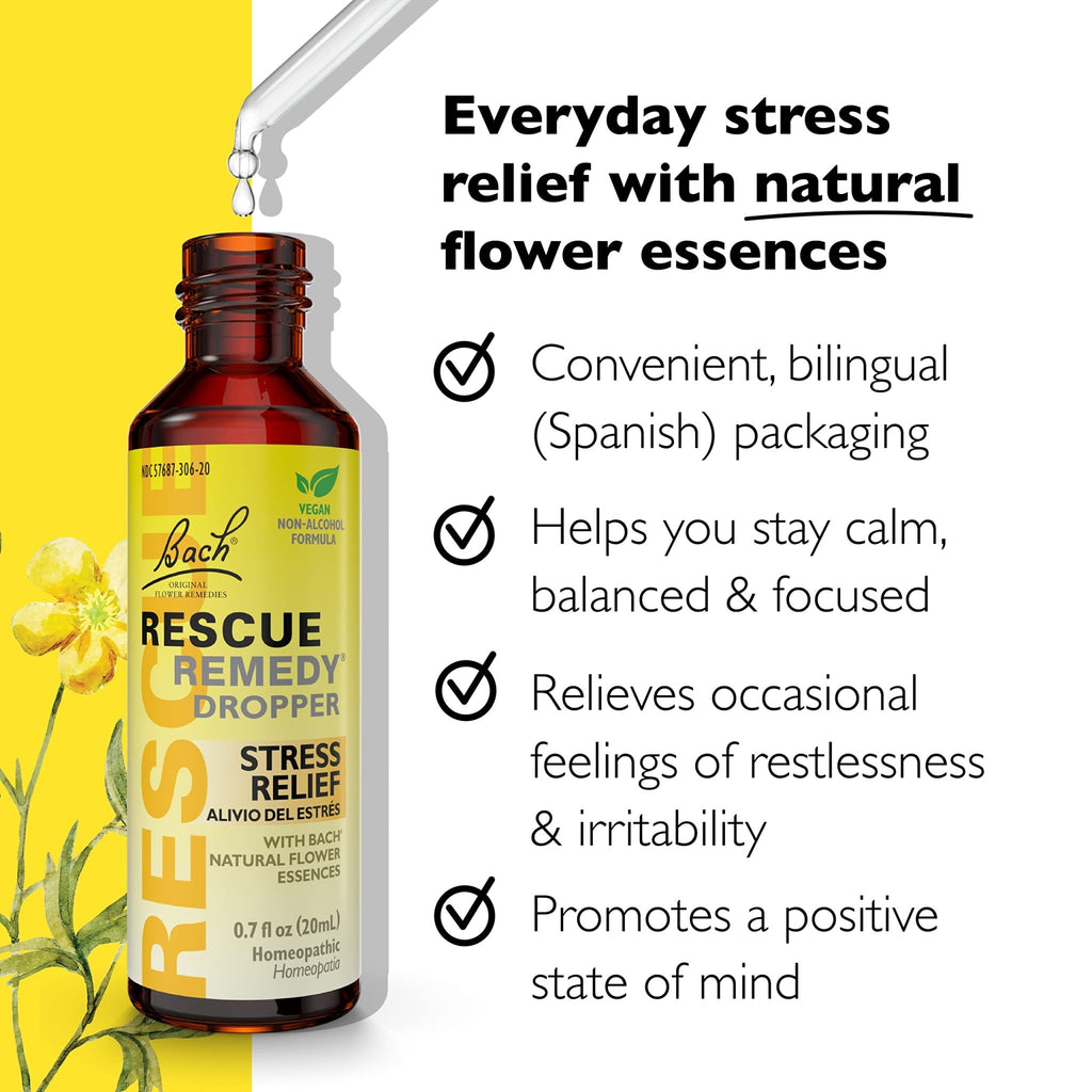 RESCUE Bach Remedy Dropper 20mL, Natural Stress Relief, Homeopathic Flower Essence, Vegan, Gluten & Sugar-Free, Non-Habit Forming (Non-Alcohol Formula) - FENGGESTORE20