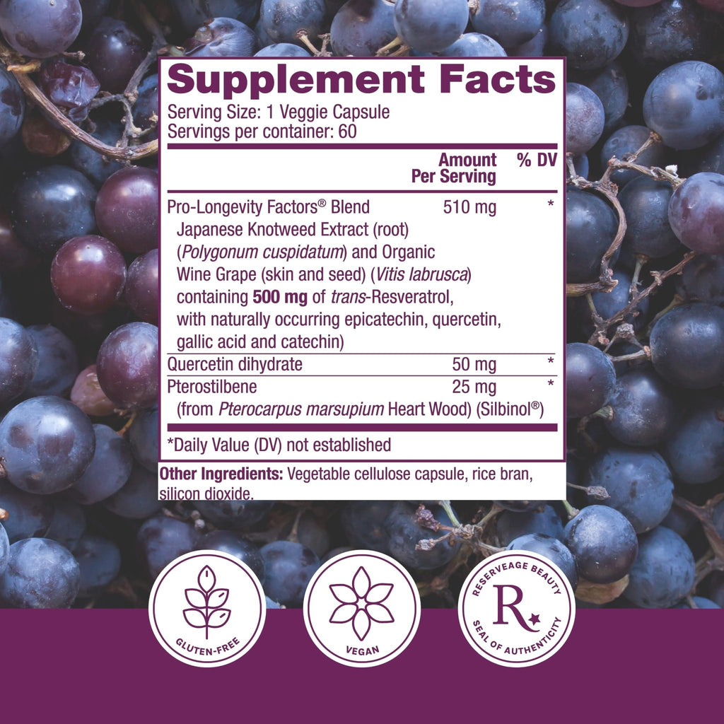 Reserveage Beauty, Resveratrol 500 mg with Pterostilbene, Antioxidant Supplement for Immune Support & Heart Health, Supports Healthy Aging - FENGGESTORE20