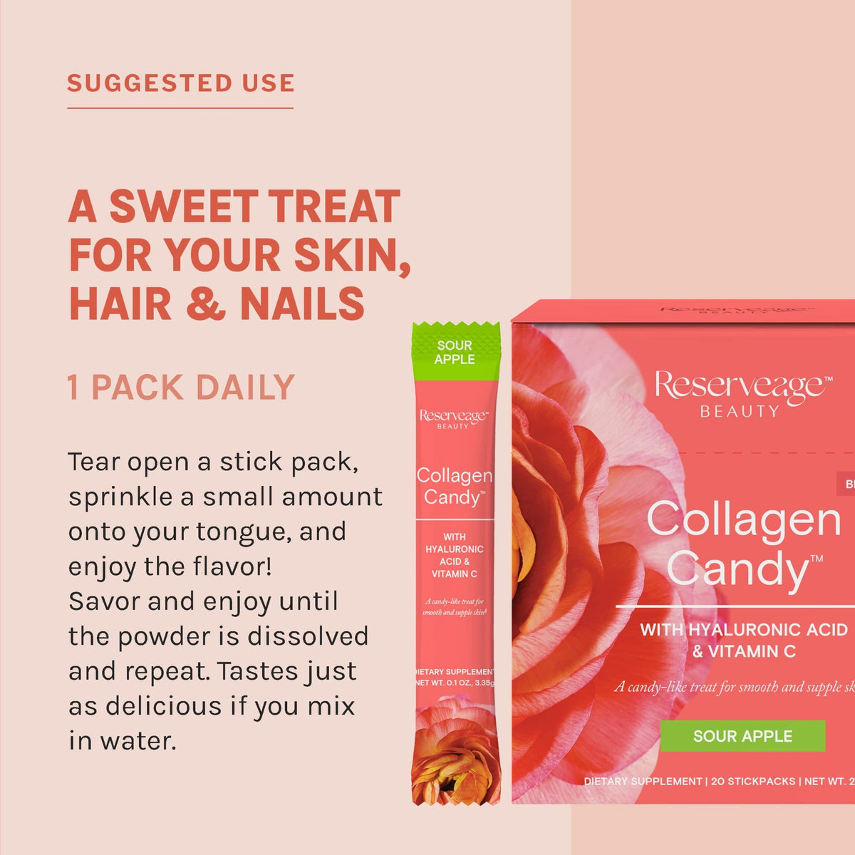 Reserveage Nutrition Collagen Candy, Collagen Supplement for Skin Care, Hair Growth, Collagen Booster for Nail Care, Supports Elastin Production, Paleo and Keto, Sour Apple, 2.3 Ounces (20 Servings) - FENGGESTORE20