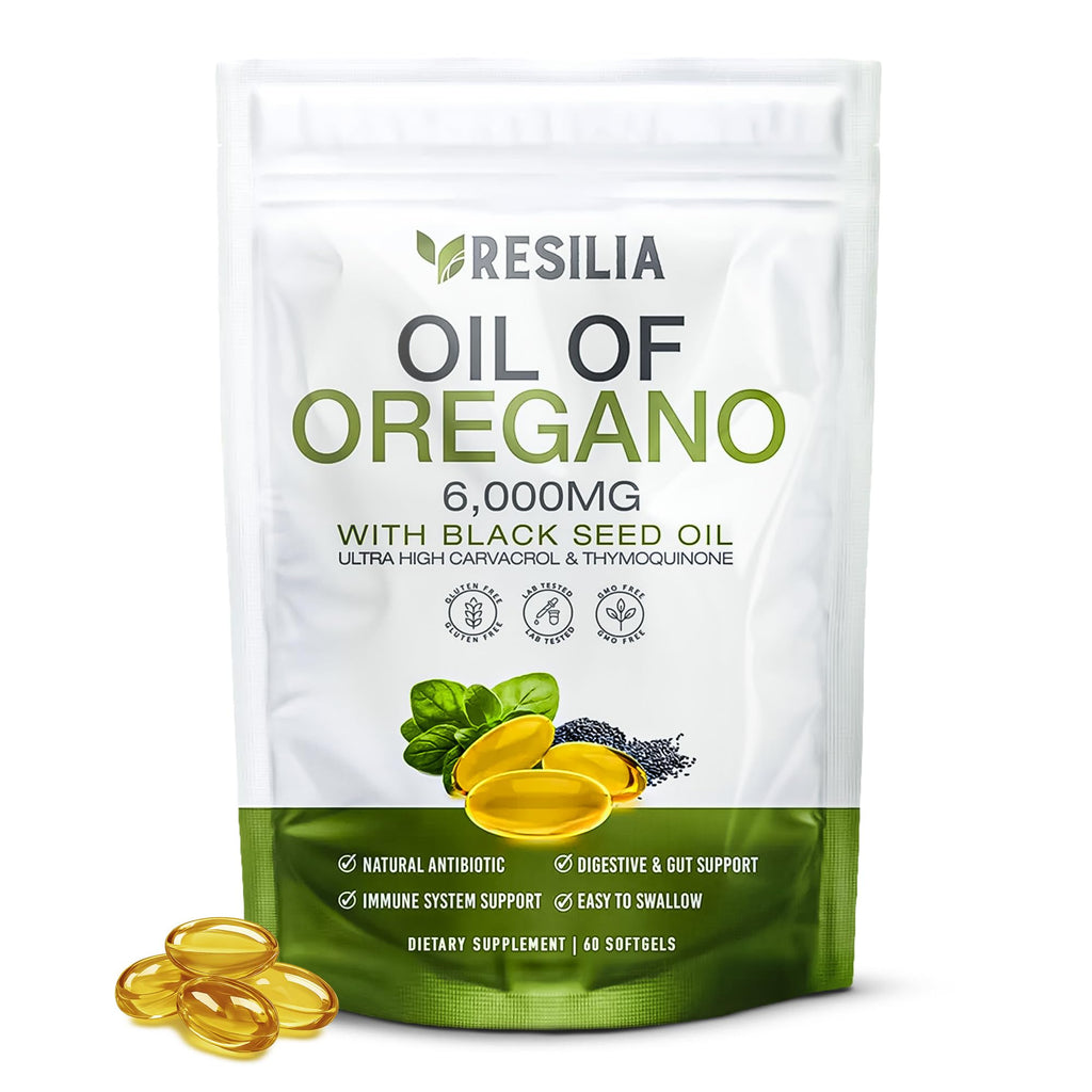 Resilia Softgels with Black Seed Oil 6000mg – Organic Oregano Oil Capsules for Immune & Digestive Support – Non-GMO, Gluten-Free Softgels - FENGGESTORE20