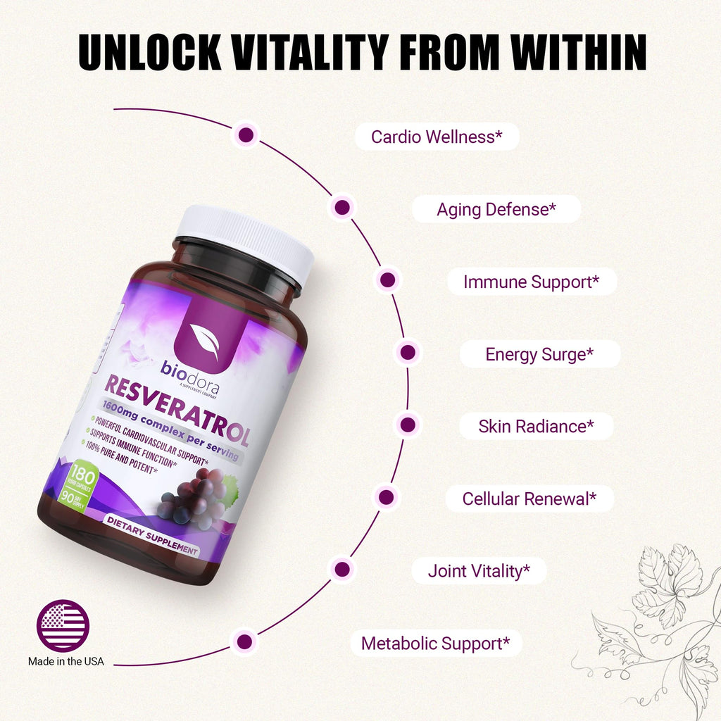 Resveratrol 1600mg - 180 Capsules | Trans-Resveratrol Antioxidant Supplement with Natural Green Tea, Grape Seed Polyphenols & Quercetin, Supports Digestive - FENGGESTORE20