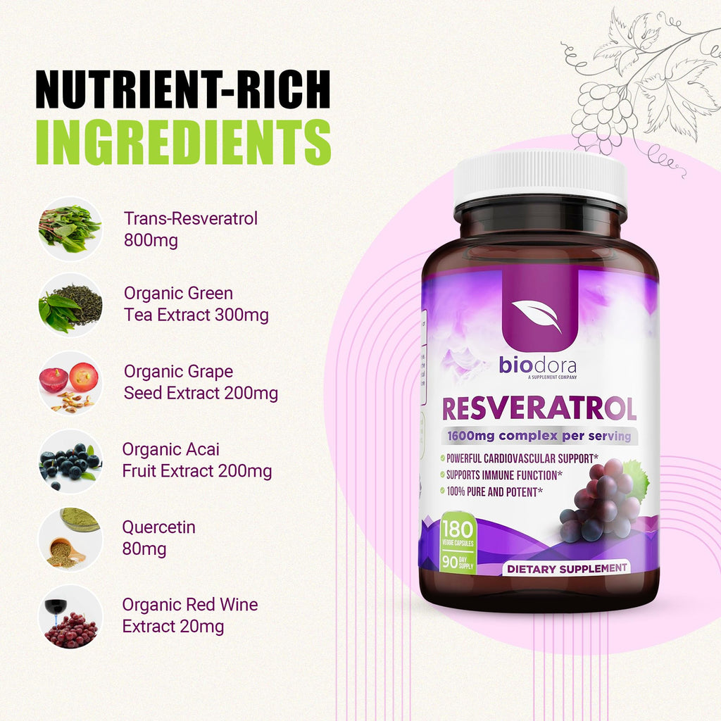 Resveratrol 1600mg - 180 Capsules | Trans-Resveratrol Antioxidant Supplement with Natural Green Tea, Grape Seed Polyphenols & Quercetin, Supports Digestive - FENGGESTORE20