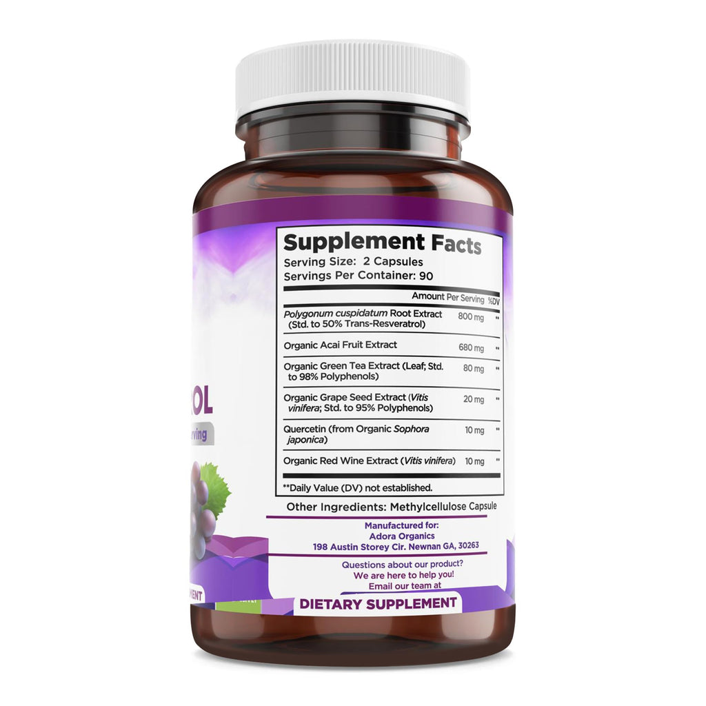 Resveratrol 1600mg - 180 Capsules | Trans-Resveratrol Antioxidant Supplement with Natural Green Tea, Grape Seed Polyphenols & Quercetin, Supports Digestive - FENGGESTORE20