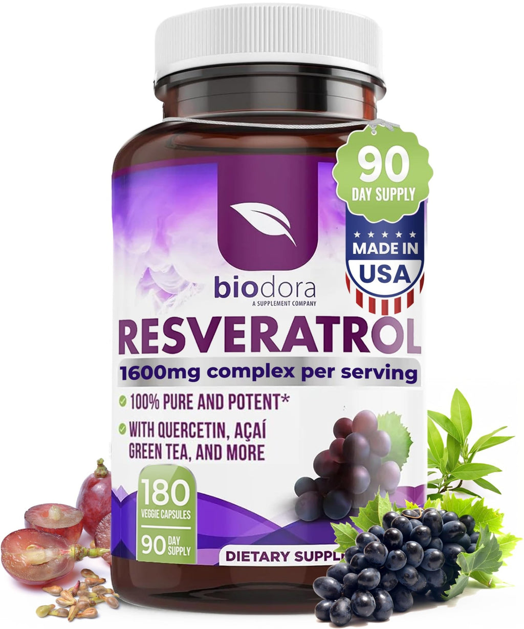 Resveratrol 1600mg - 180 Capsules | Trans-Resveratrol Antioxidant Supplement with Natural Green Tea, Grape Seed Polyphenols & Quercetin, Supports Digestive - FENGGESTORE20