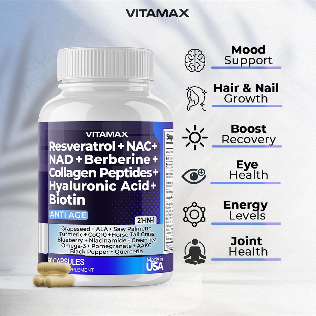 Resveratrol NAD+ Berberine Hyaluronic Acid - Biotin Grape & Blueberry + NAC - Collagen Peptides - Hair, Nail, Skin & Joint Supplement - 21-in-1 Women and Men - FENGGESTORE20