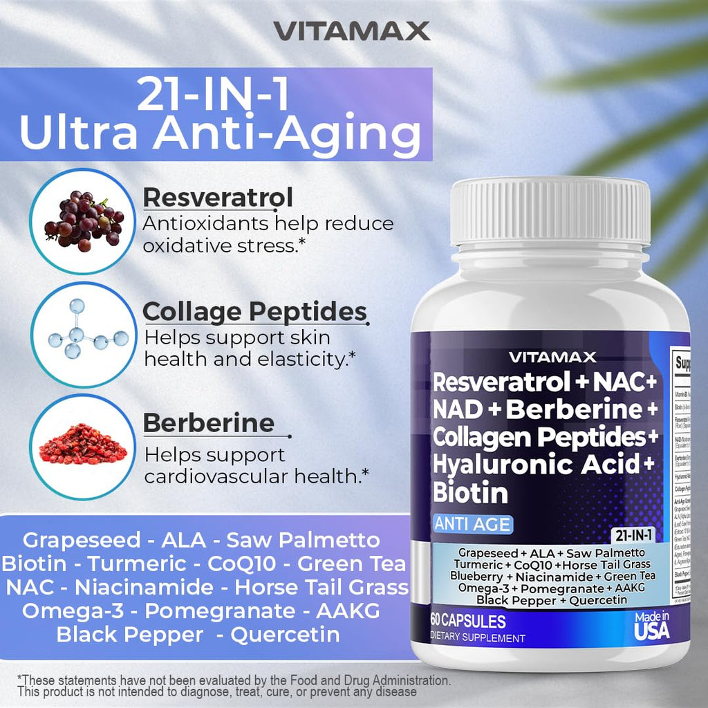 Resveratrol NAD+ Berberine Hyaluronic Acid - Biotin Grape & Blueberry + NAC - Collagen Peptides - Hair, Nail, Skin & Joint Supplement - 21-in-1 Women and Men - FENGGESTORE20
