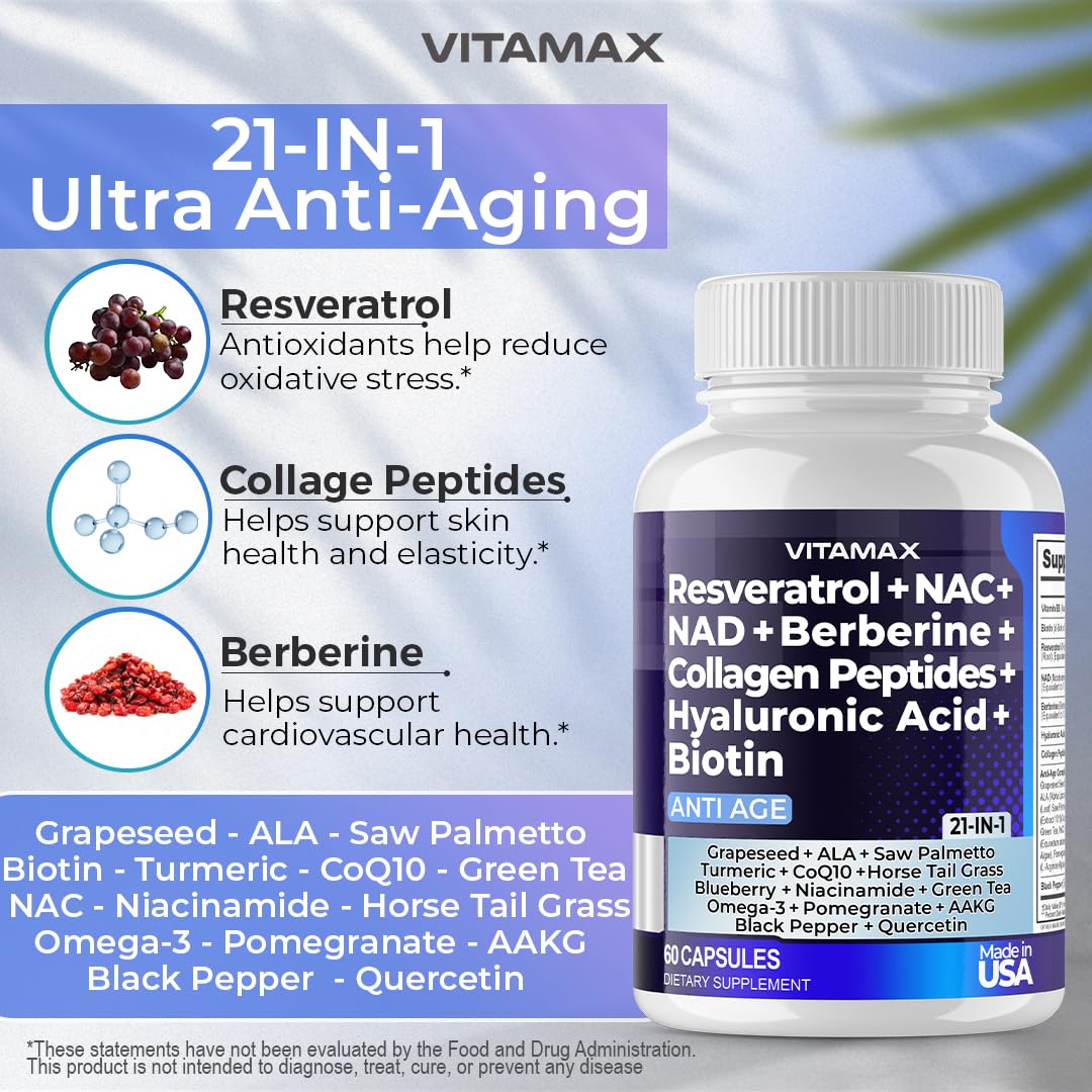 Resveratrol NAD+ Berberine Hyaluronic Acid - Biotin Grape & Blueberry + NAC - Collagen Peptides - Hair, Nail, Skin & Joint Supplement - 21-in-1 Women and Men - FENGGESTORE20
