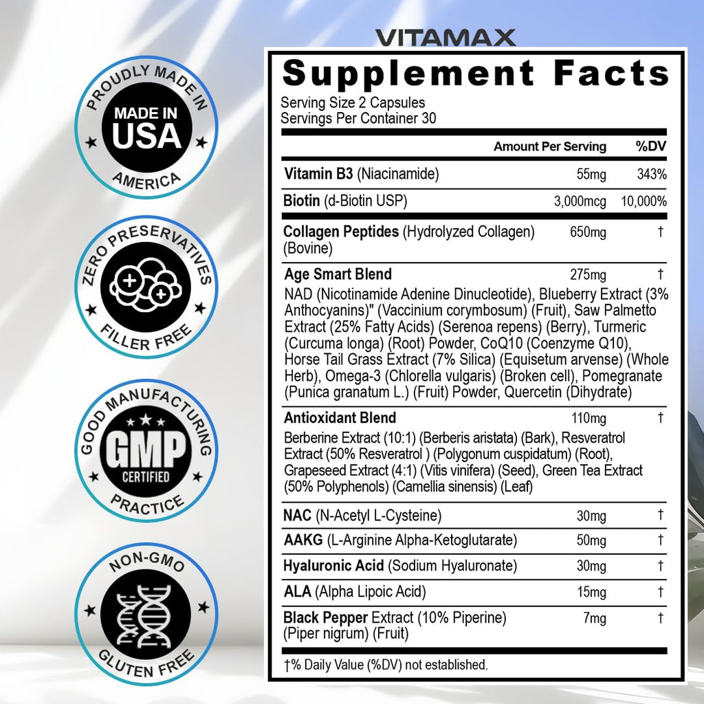 Resveratrol NAD+ Berberine Hyaluronic Acid - Biotin Grape & Blueberry + NAC - Collagen Peptides - Hair, Nail, Skin & Joint Supplement - 21-in-1 Women and Men - FENGGESTORE20