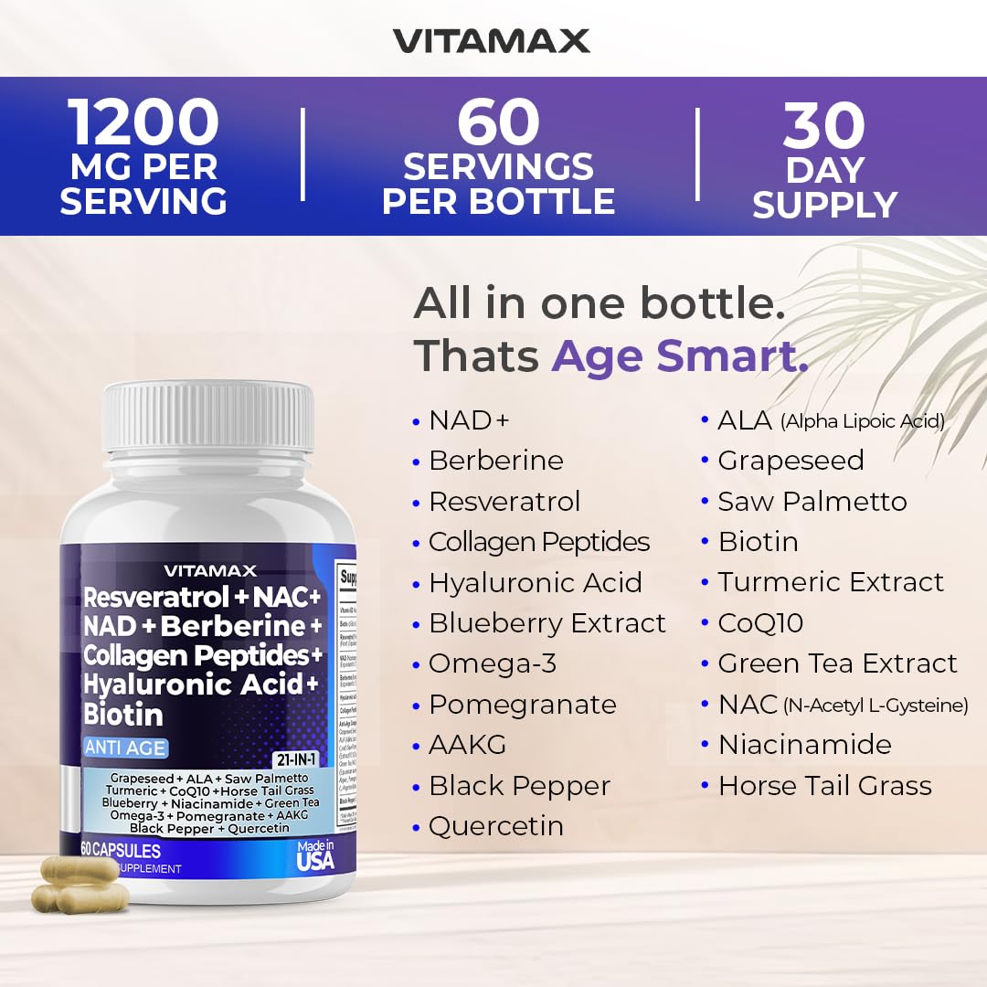 Resveratrol NAD+ Berberine Hyaluronic Acid - Biotin Grape & Blueberry + NAC - Collagen Peptides - Hair, Nail, Skin & Joint Supplement - 21-in-1 Women and Men - FENGGESTORE20