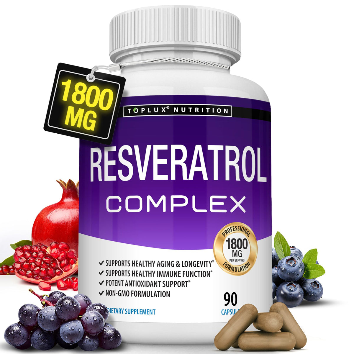 Resveratrol Supplement 1800 mg Antioxidant Complex - Highly Potent Natural Trans-Resveratrol Pills for Healthy Aging, Overall Health Support, Immune System - FENGGESTORE20
