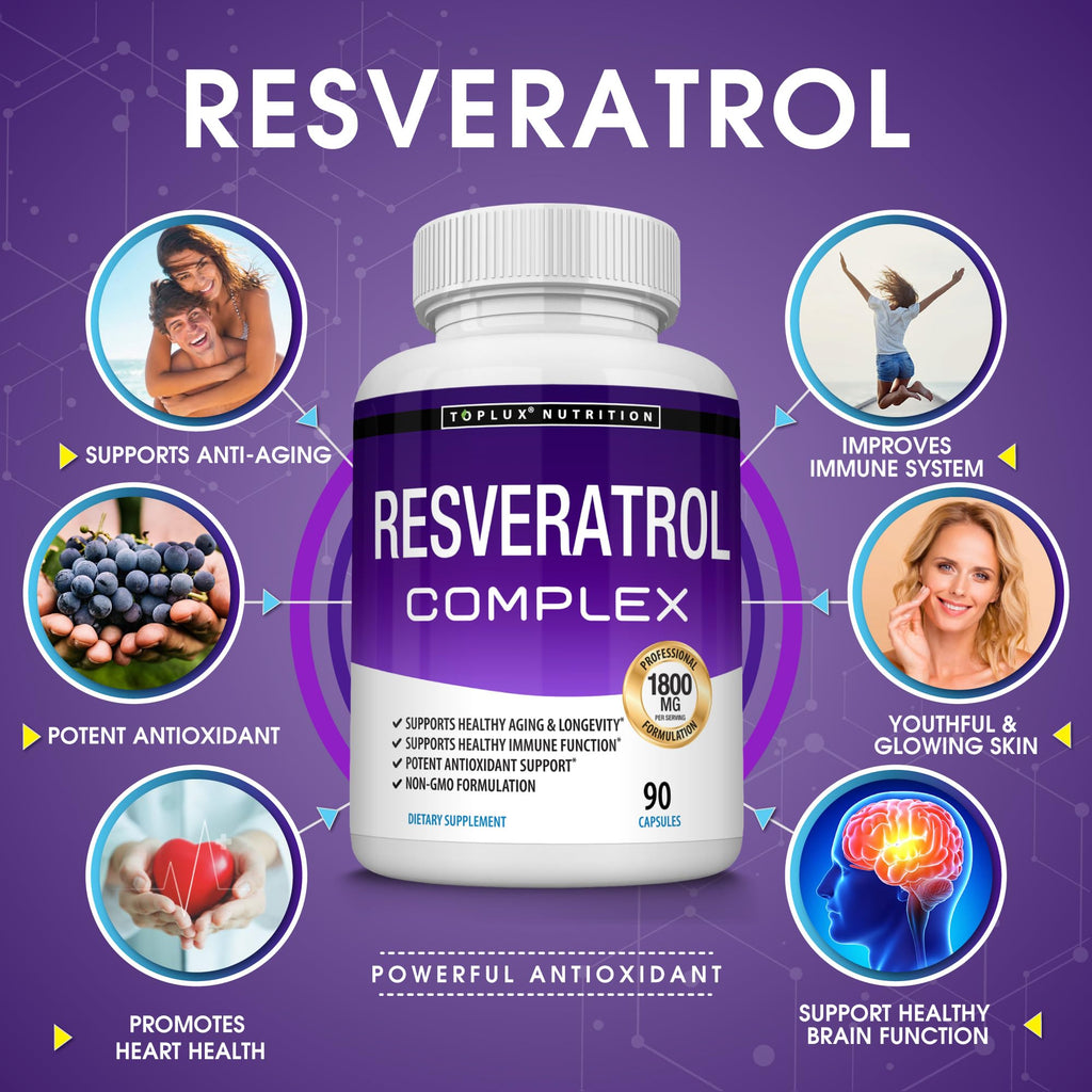 Resveratrol Supplement 1800 mg Antioxidant Complex - Highly Potent Natural Trans-Resveratrol Pills for Healthy Aging, Overall Health Support, Immune System - FENGGESTORE20
