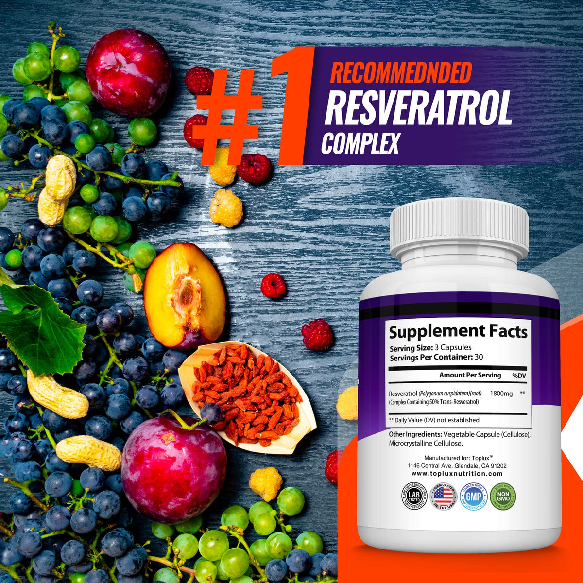 Resveratrol Supplement 1800 mg Antioxidant Complex - Highly Potent Natural Trans-Resveratrol Pills for Healthy Aging, Overall Health Support, Immune System - FENGGESTORE20