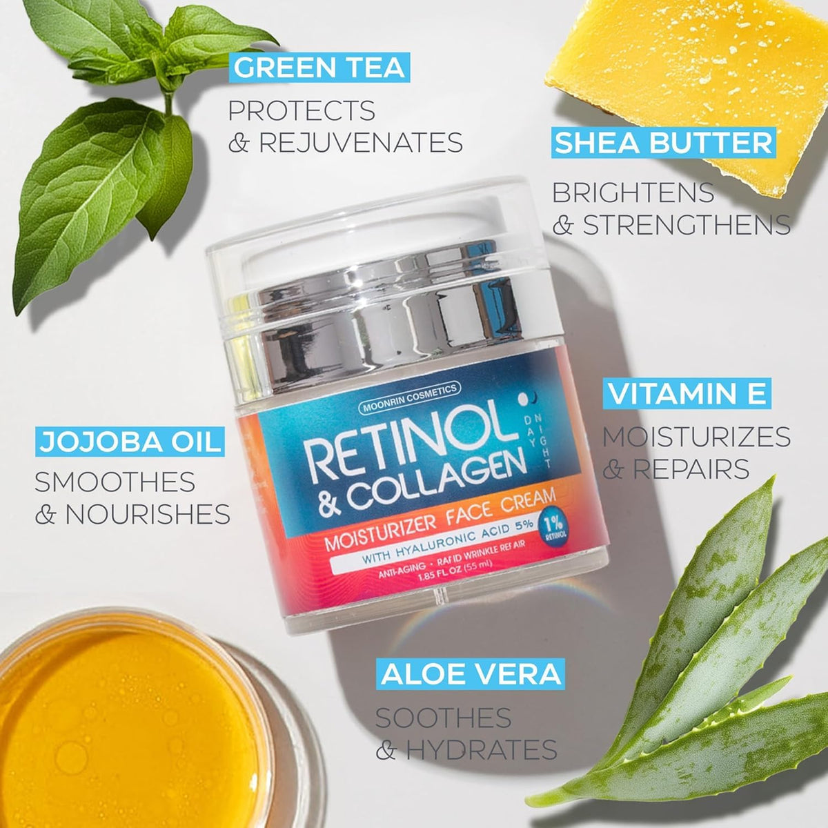 Retinol Cream for Face with Hyaluronic Acid, Day-Night Anti-Aging Moisturizer for Women, Men, Collagen Cream for Face Reduces Wrinkles, Dryness, 1.85 Oz - FENGGESTORE20