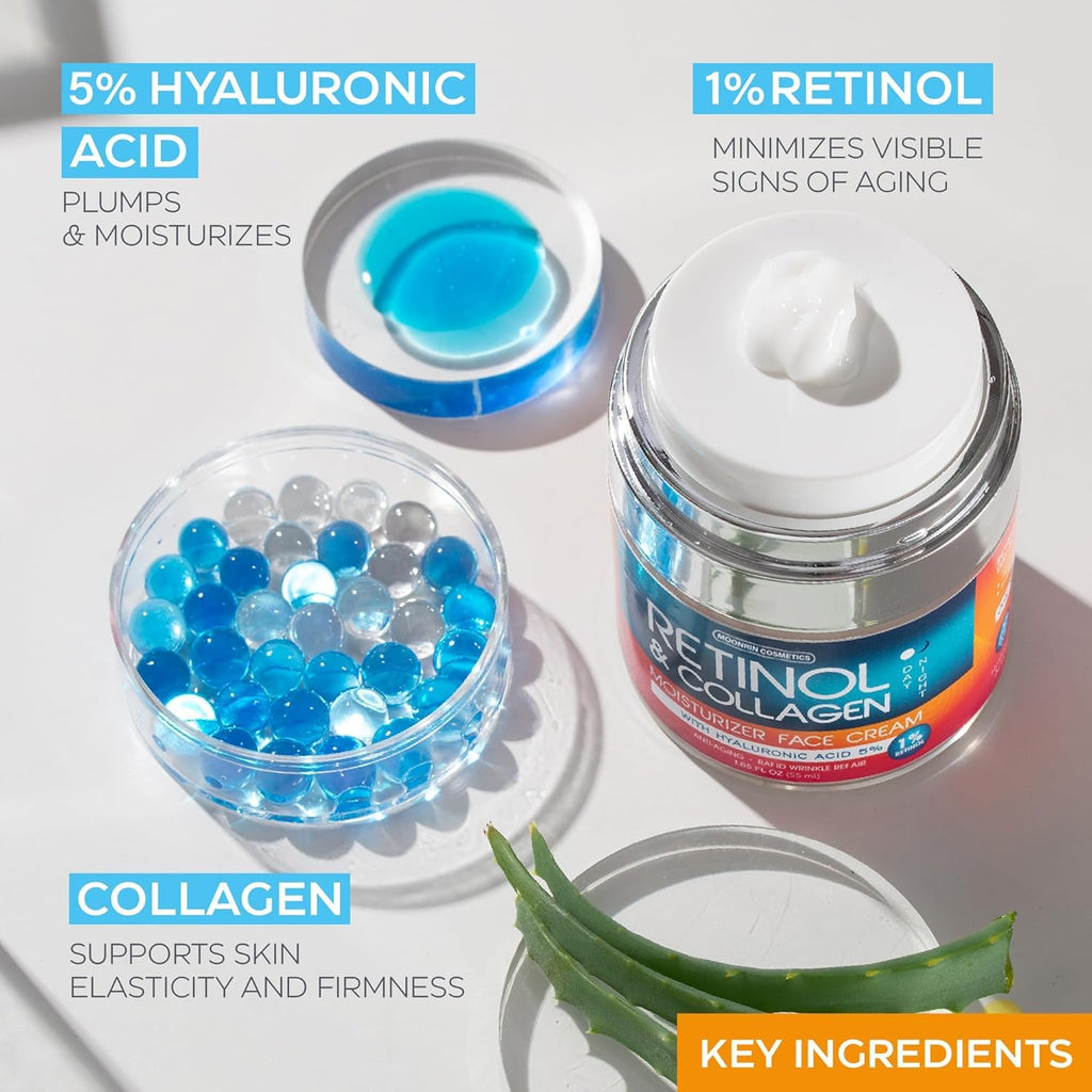 Retinol Cream for Face with Hyaluronic Acid, Day-Night Anti-Aging Moisturizer for Women, Men, Collagen Cream for Face Reduces Wrinkles, Dryness, 1.85 Oz - FENGGESTORE20