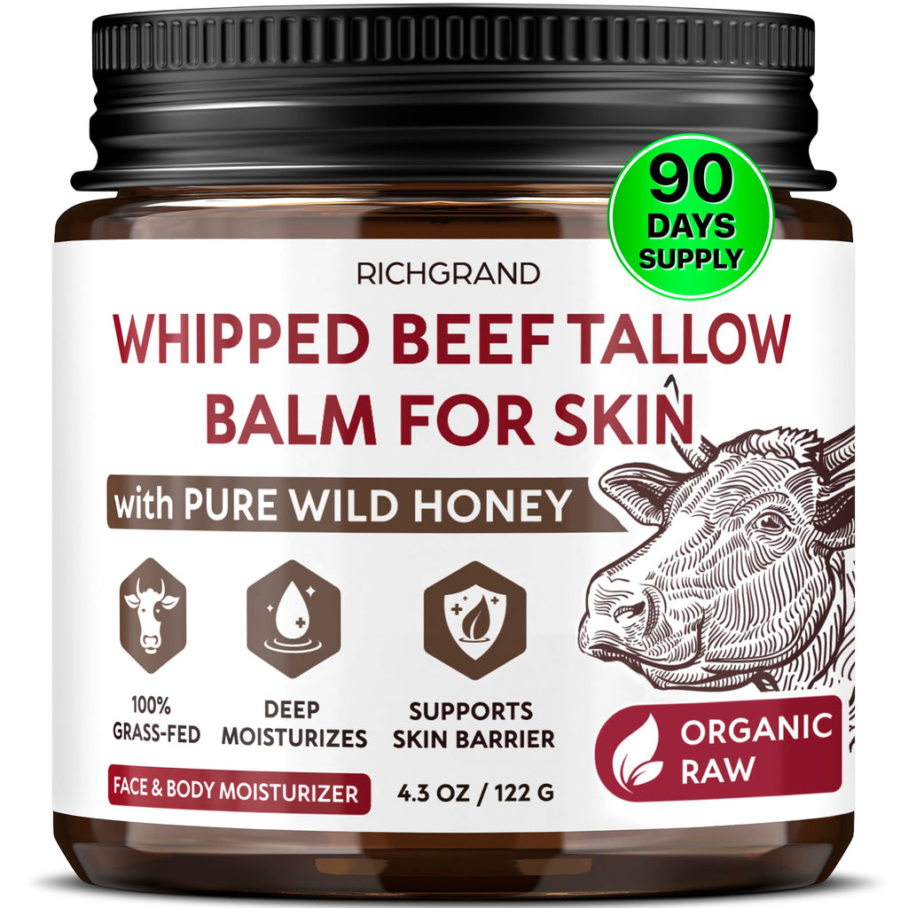 RICHGRAND Beef Tallow for Skin - Whipped Tallow and Honey Balm - Grass Fed Beef Tallow for Face, Daily Moisturizer & Body Butter - FENGGESTORE20